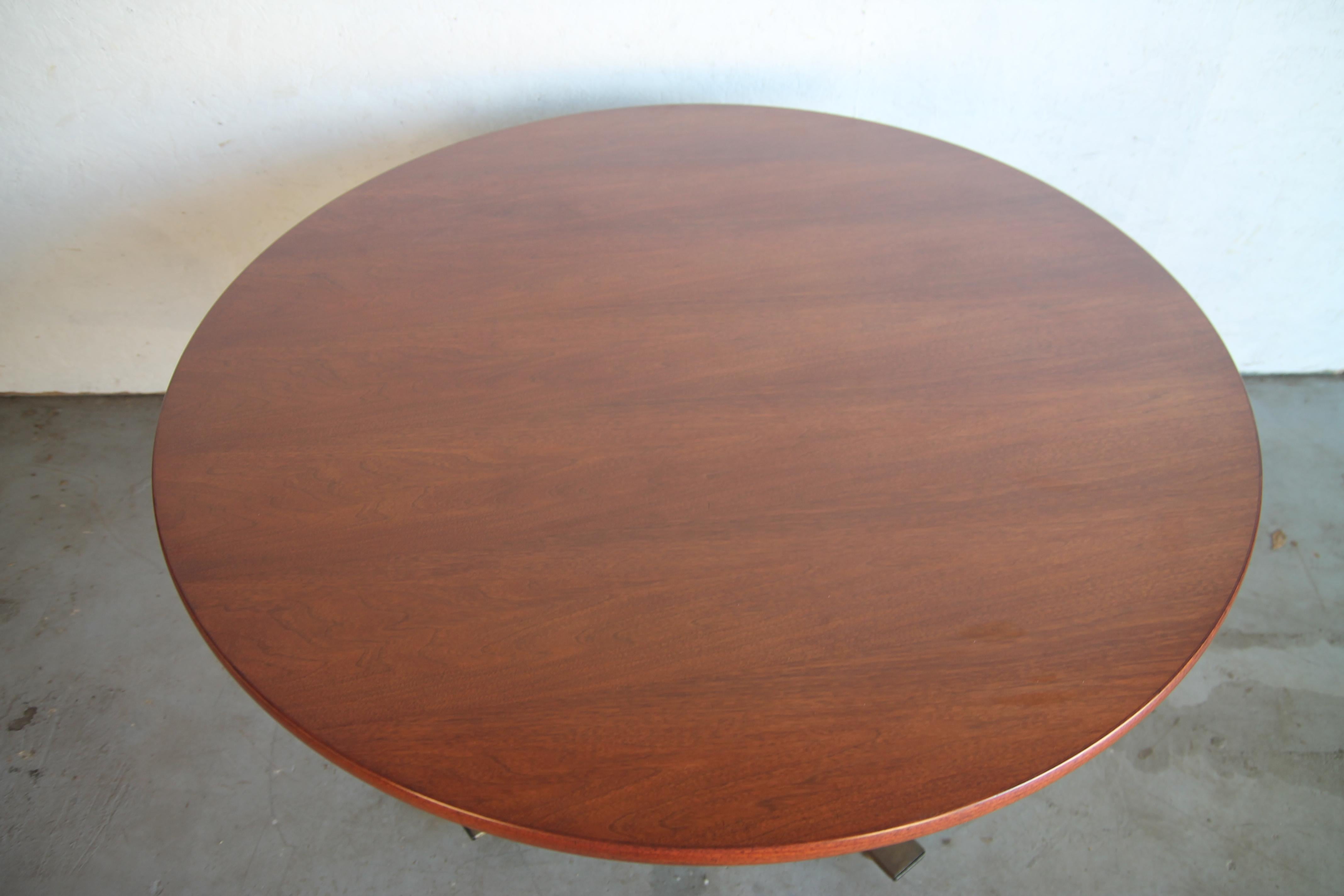 Mid-Century Modern Round Walnut Top with Brass-Plated Base Table by Stow Davis