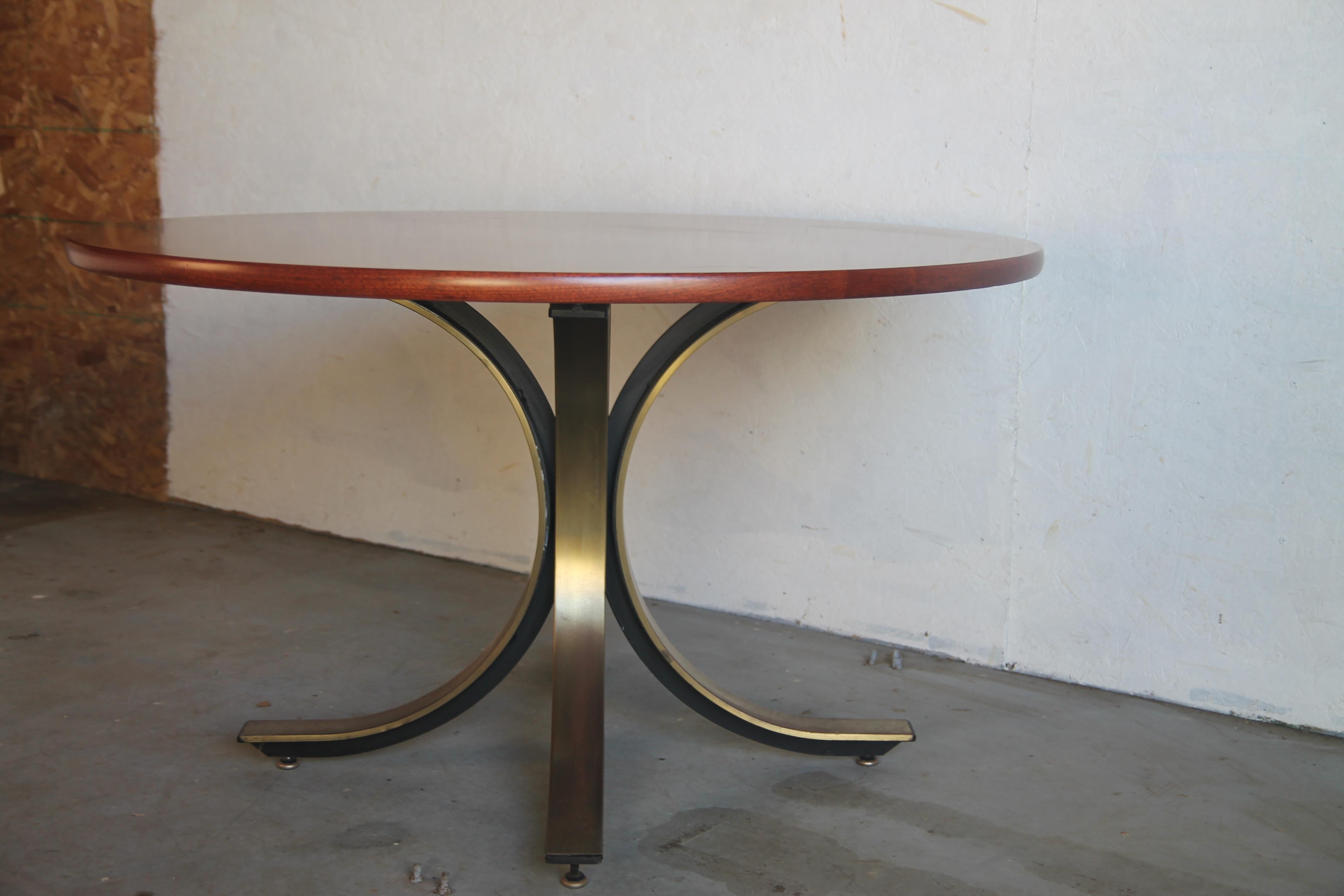 American Round Walnut Top with Brass-Plated Base Table by Stow Davis