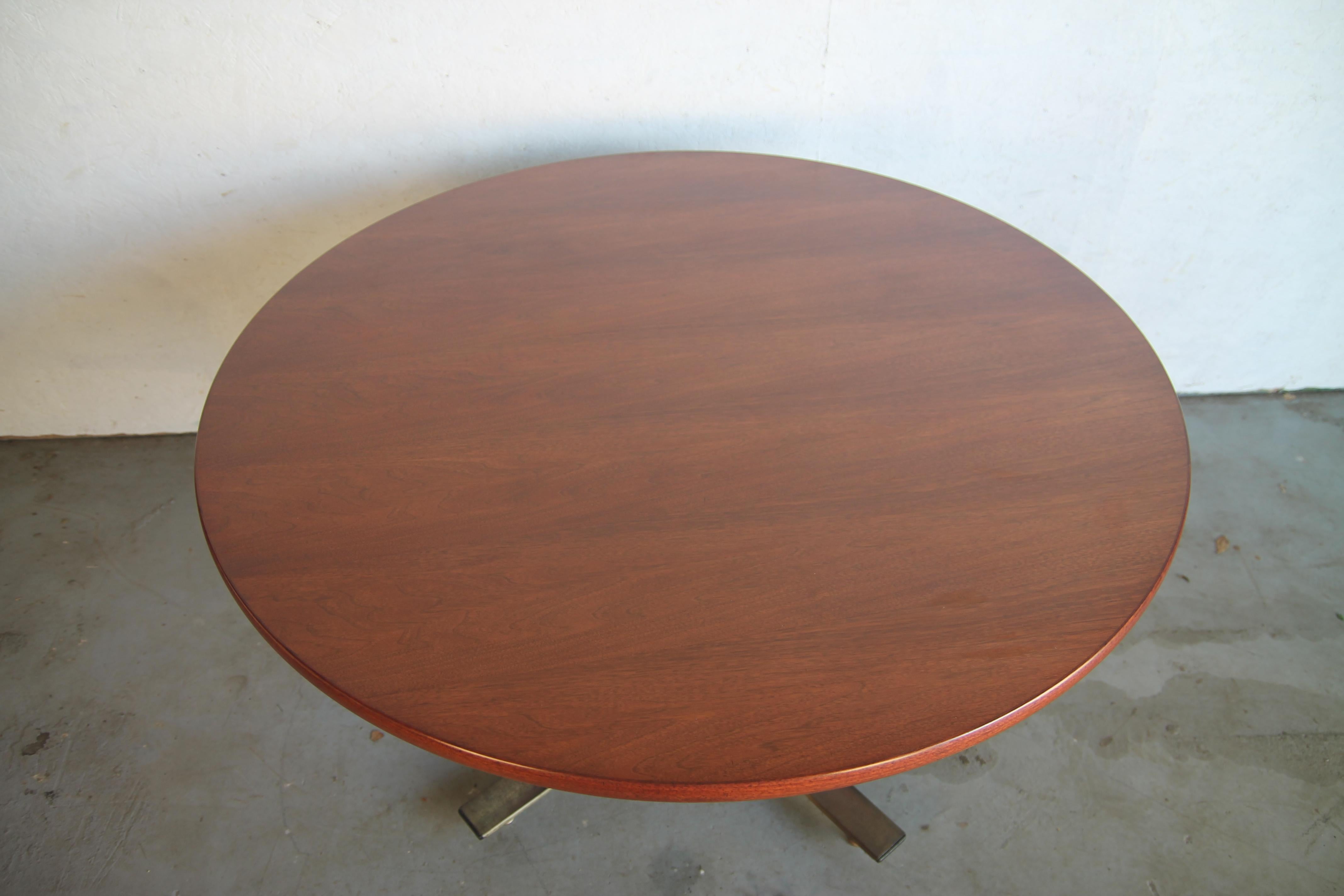 Metal Round Walnut Top with Brass-Plated Base Table by Stow Davis