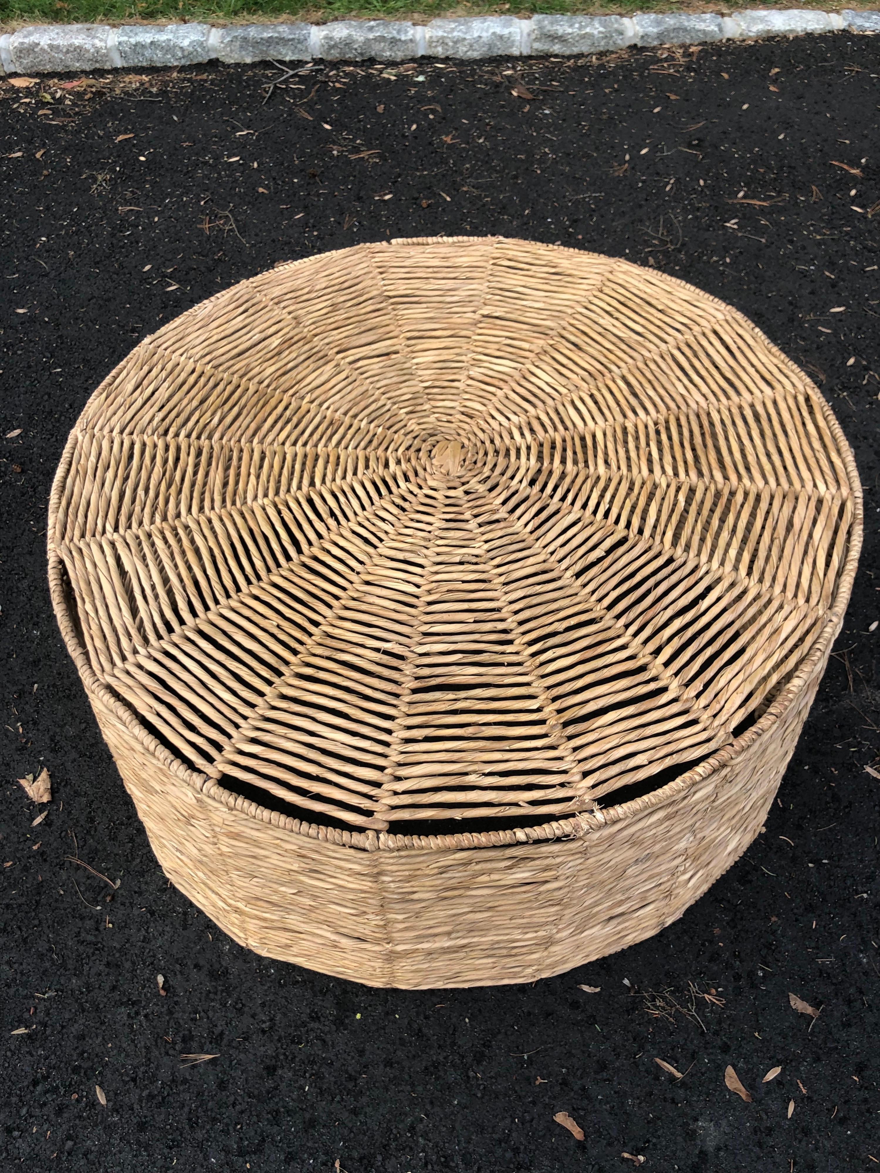 Round Weaved Seagrass Coffee Table with Glass Top For Sale 8