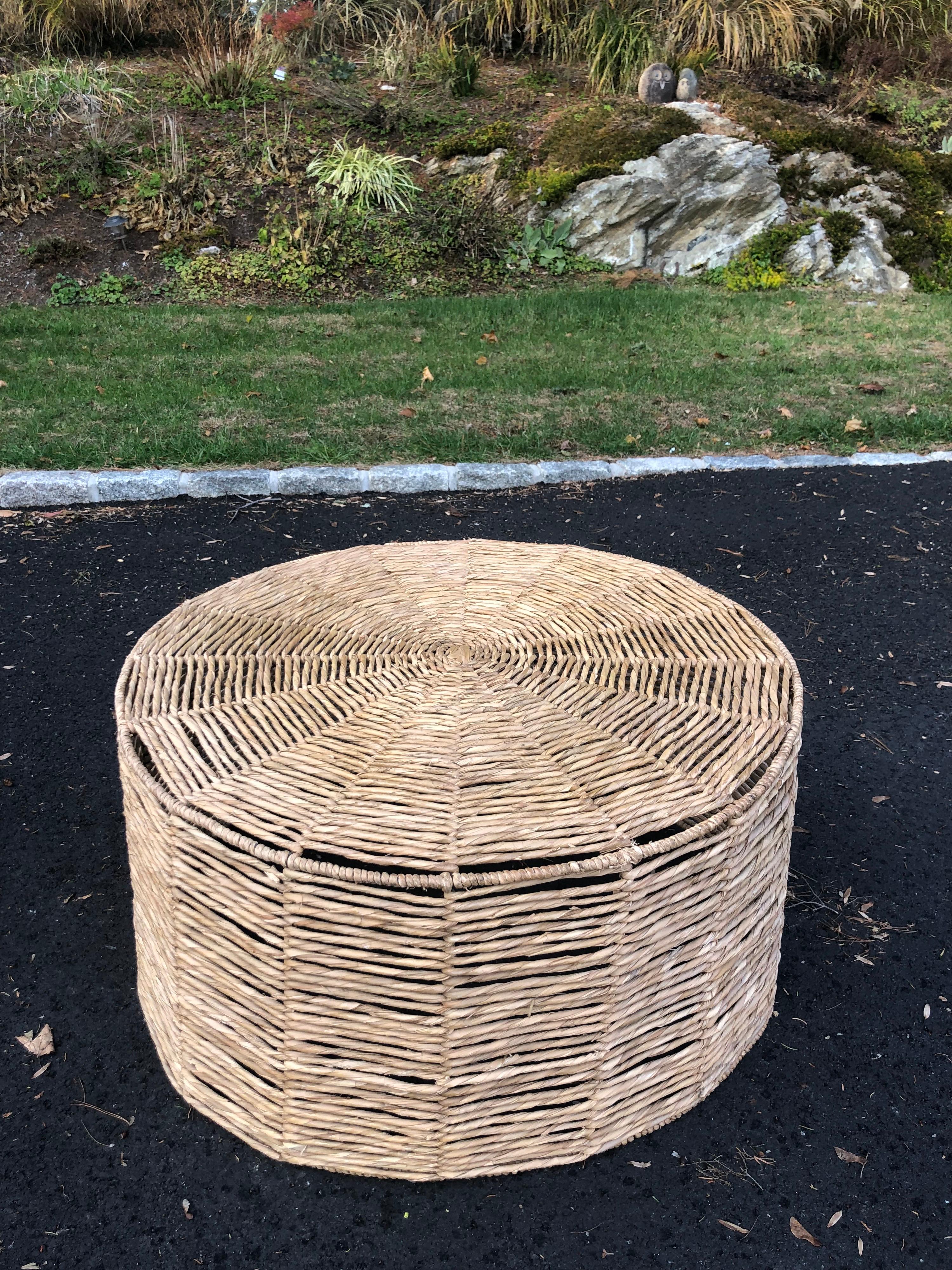 Woven Round Weaved Seagrass Coffee Table with Glass Top For Sale