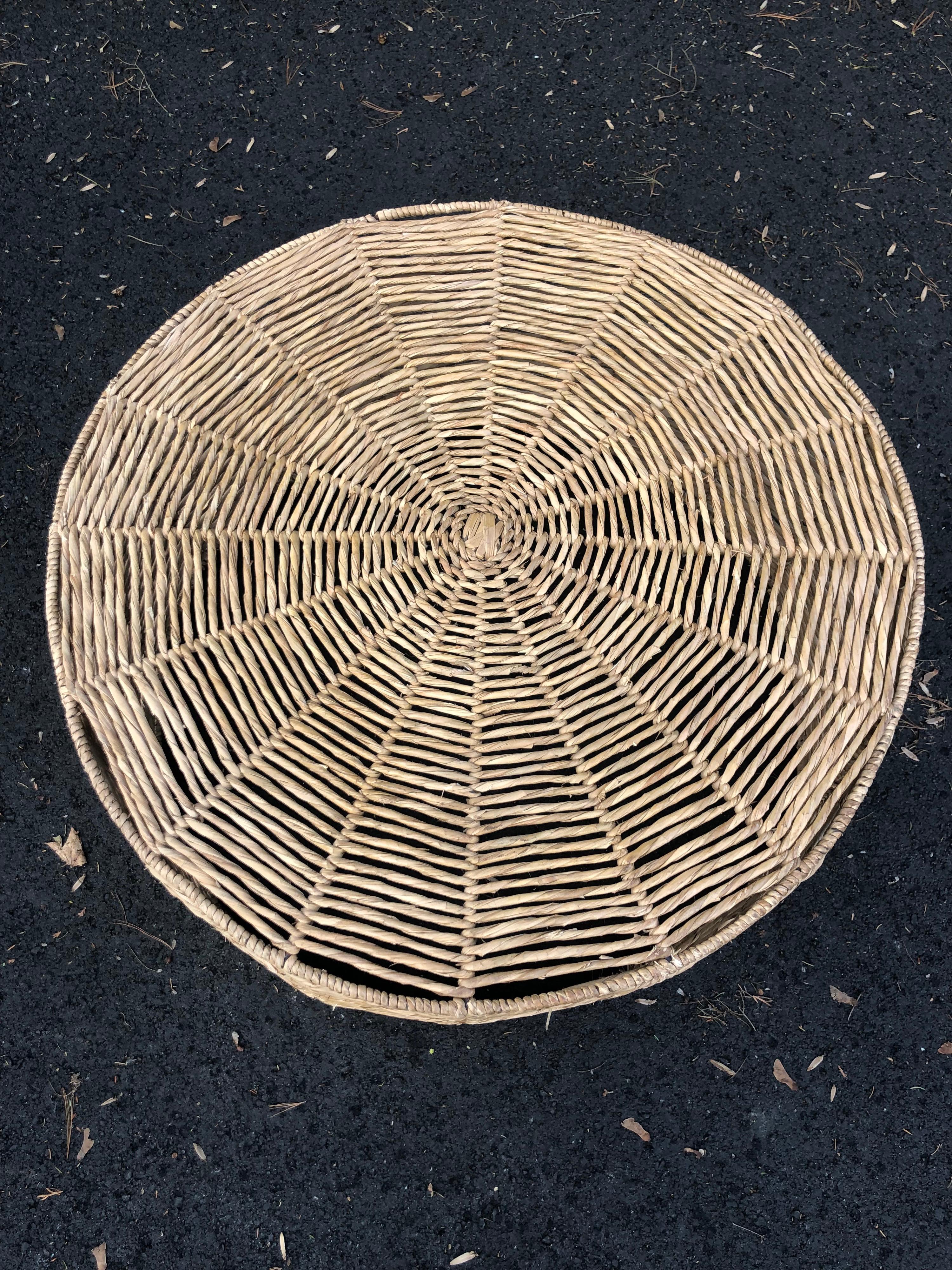 Contemporary Round Weaved Seagrass Coffee Table with Glass Top For Sale