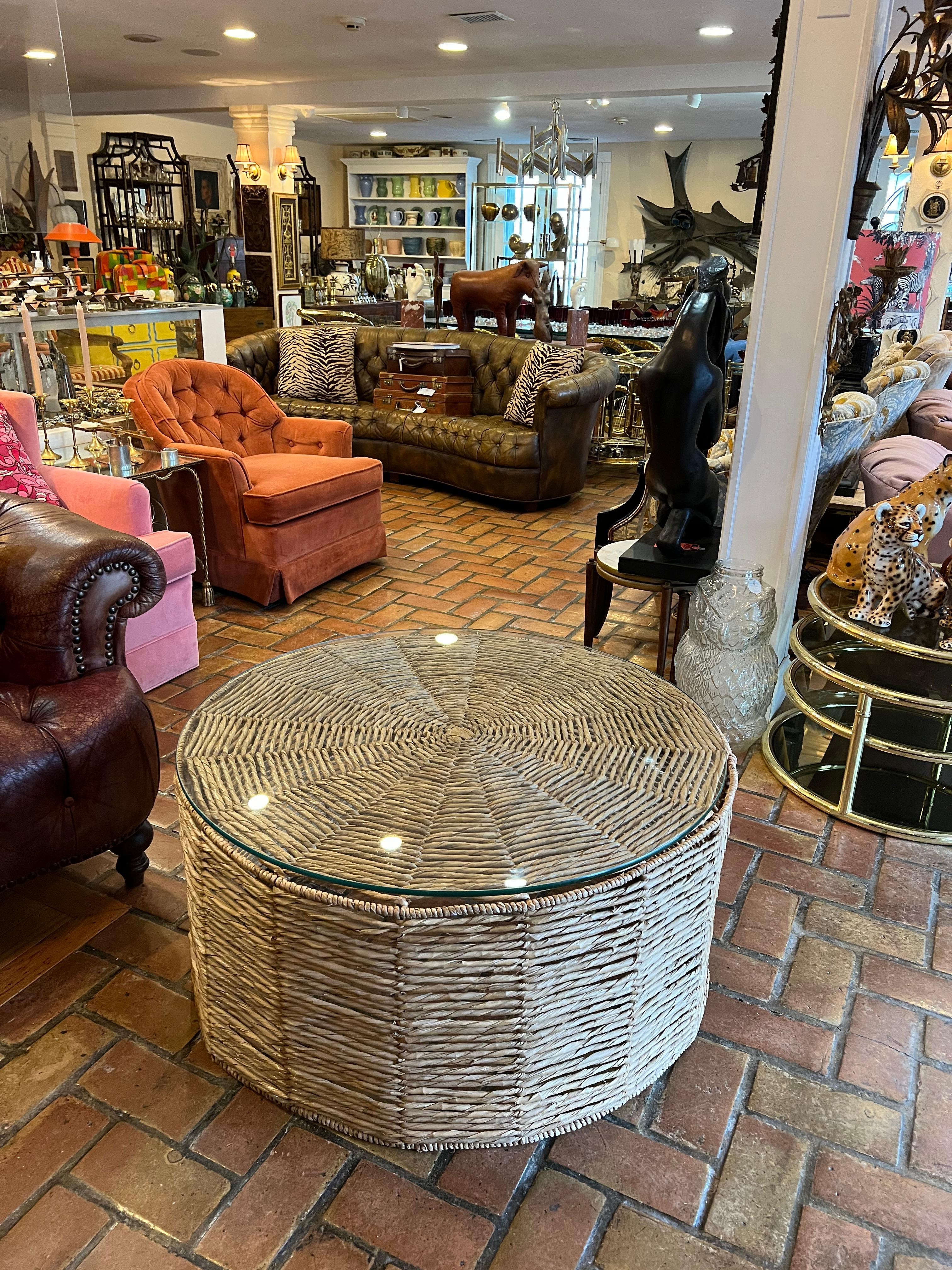 Bohemian Round Weaved Seagrass Coffee Table with Glass Top For Sale
