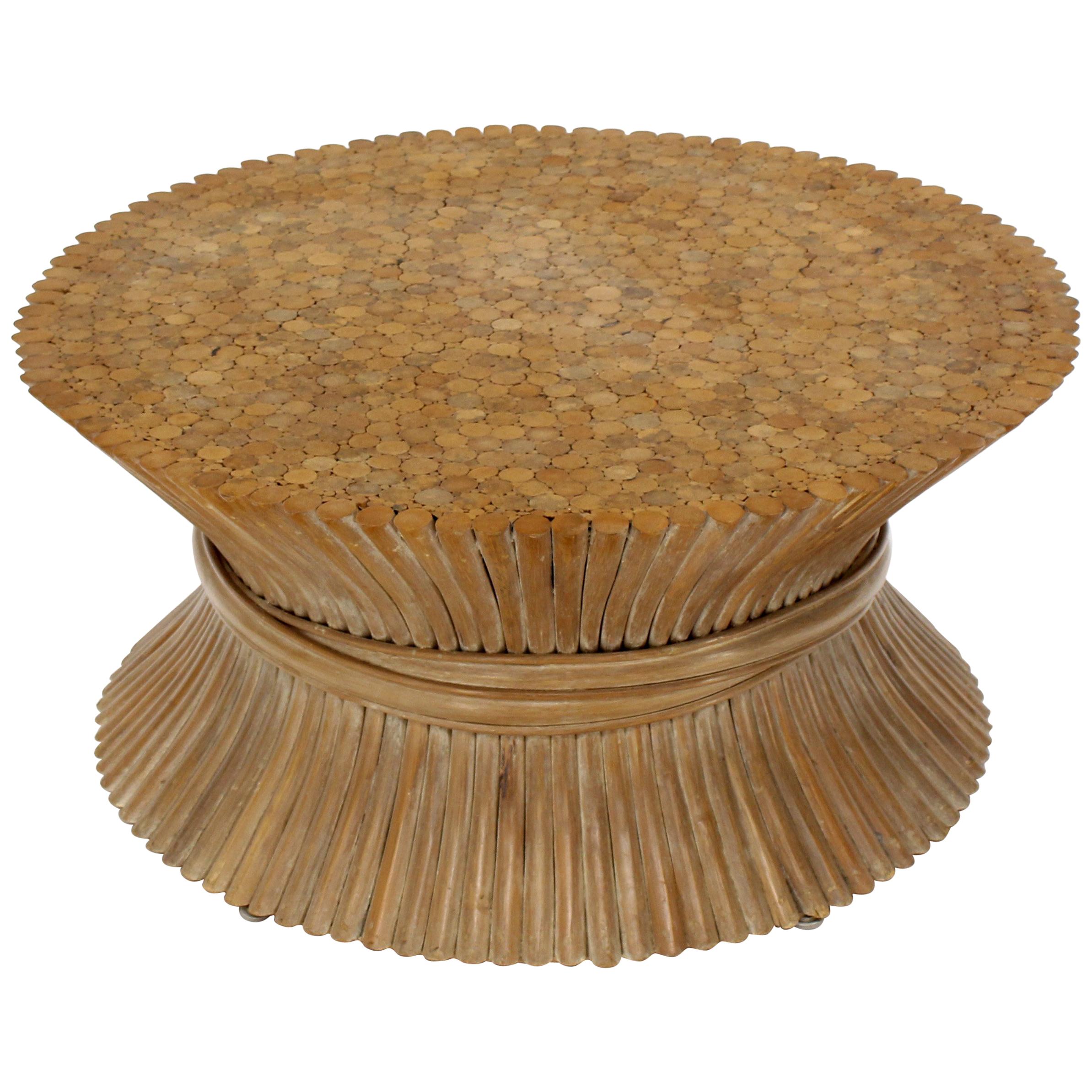 Round Wheat Bamboo Sheaf Base Coffee Table Mid-Century Modern McGuire For Sale