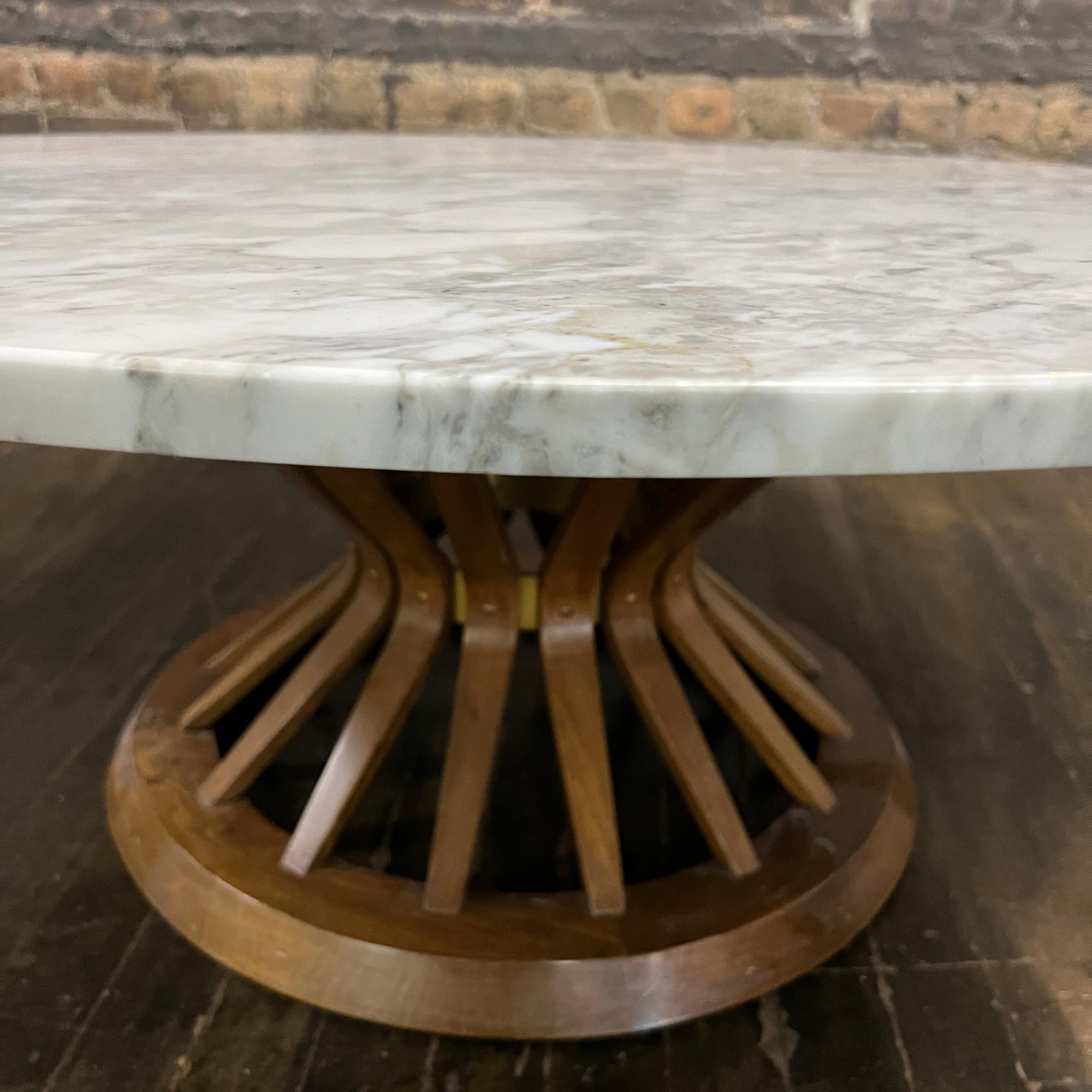 Mid-Century Modern Round Wheat Sheaf Coffee Table with Walnut Base and White Marble Top