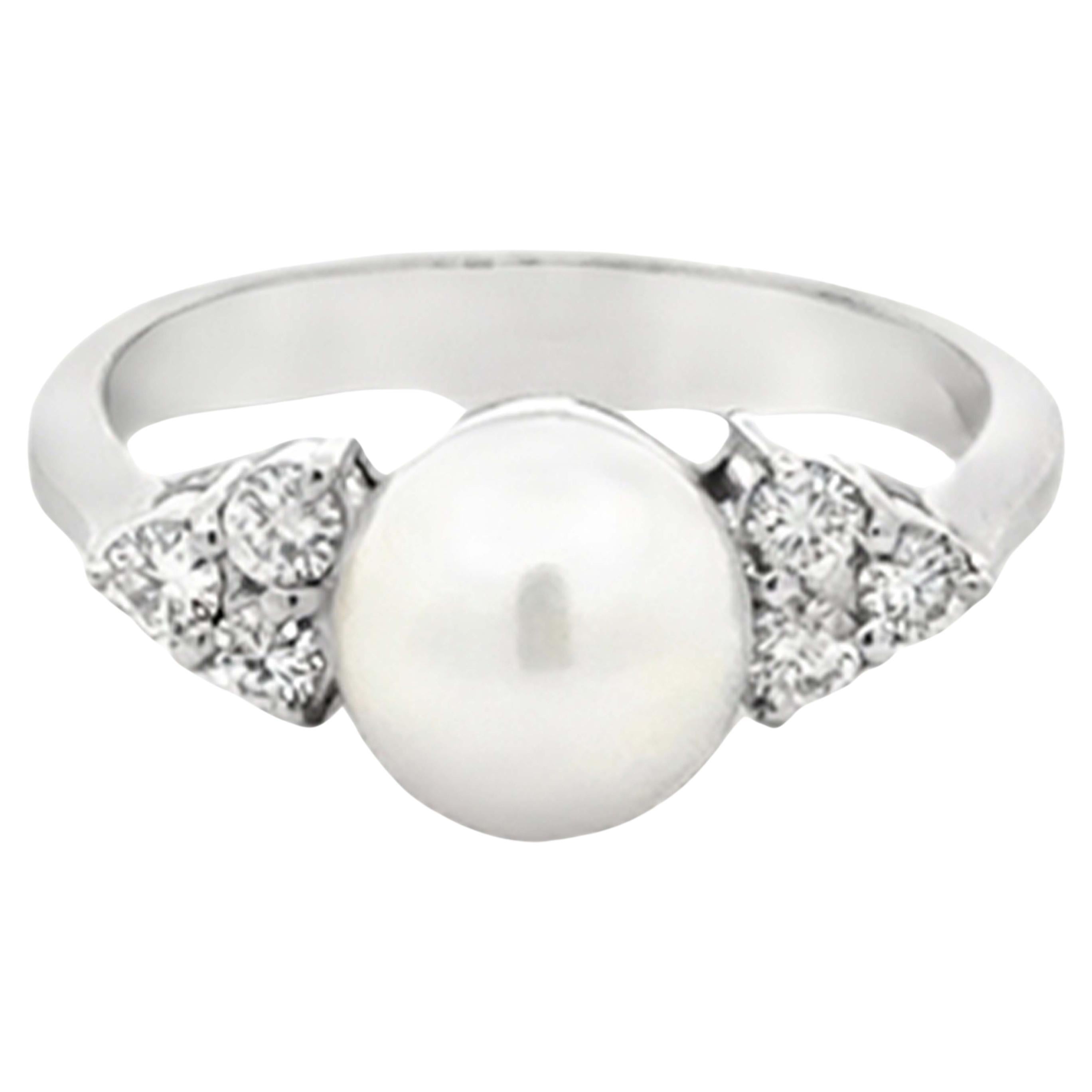 Round White Akoya Pearl and Diamond Ring 14K Solid White Gold