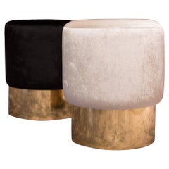 Round White and Black Velvet and Polished Brass Set of Two Italian Stools