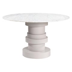 Round White Carrara Top Dining Table with Stacked Geometric Pedestal Base