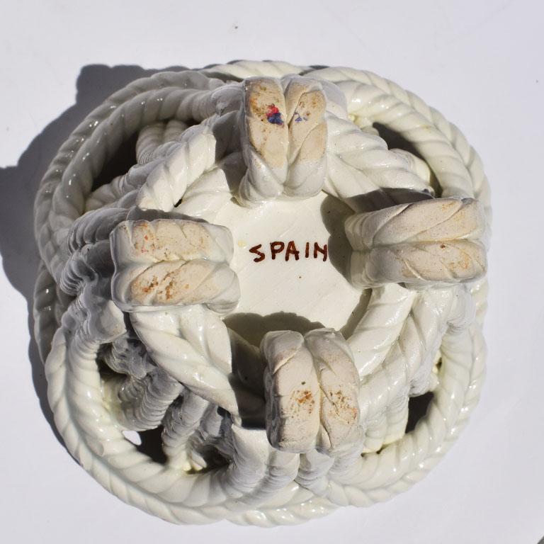 Spanish Round White Ceramic Candleholder in Basketweave Rope Pattern, Spain For Sale