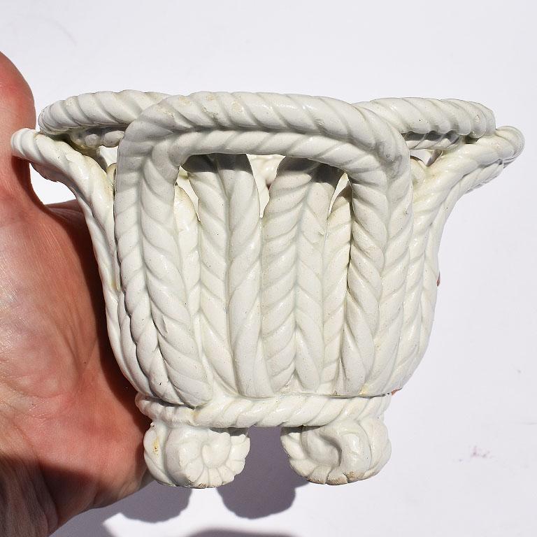 Round White Ceramic Candleholder in Basketweave Rope Pattern, Spain In Good Condition For Sale In Oklahoma City, OK