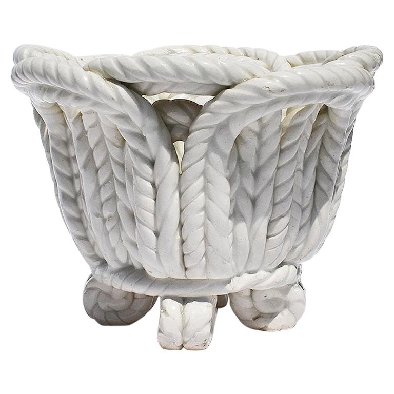 Round White Ceramic Candleholder in Basketweave Rope Pattern, Spain