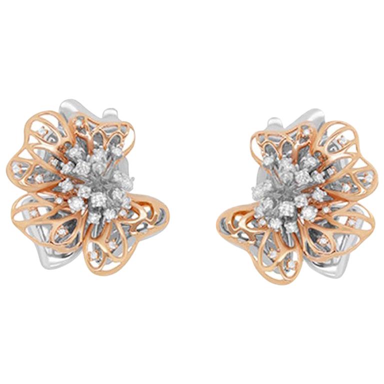 Round White Diamond 0.78 Carat Dangle Flower Cluster Earrings 14 Karat Rose Gold