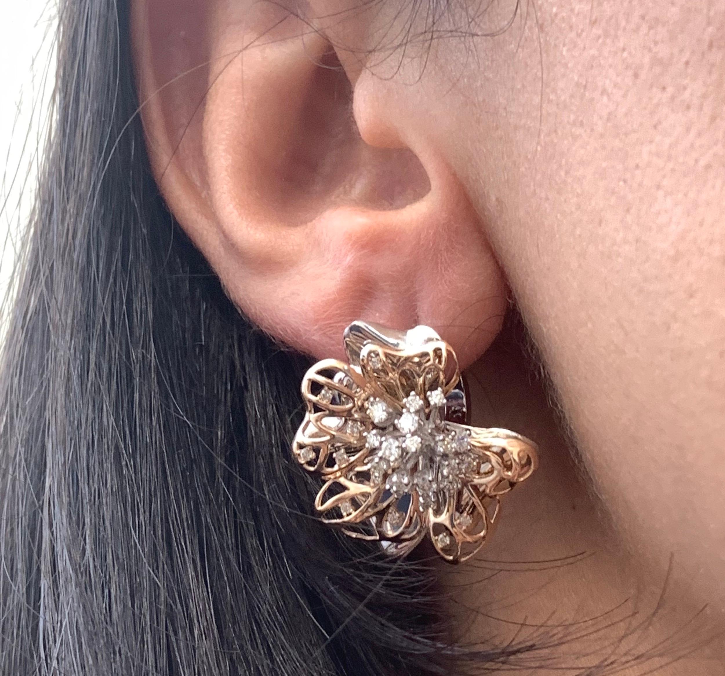 Round Cut Round White Diamond 0.78 Carat Dangle Flower Cluster Earrings 14 Karat Rose Gold