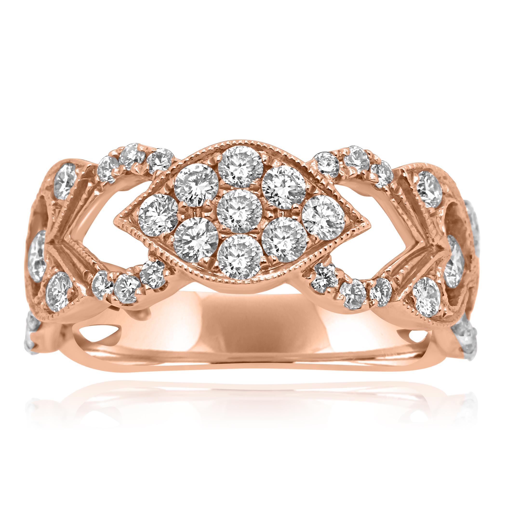 Gorgeous White Round Diamonds G-H Color VS-SI clarity 0.80 Carat set in 14K Rose Gold Stylish Fashion Cocktail Stackable Band Ring with filigree work.
Style can be customized or custom made as per your requirements in different price ranges and with