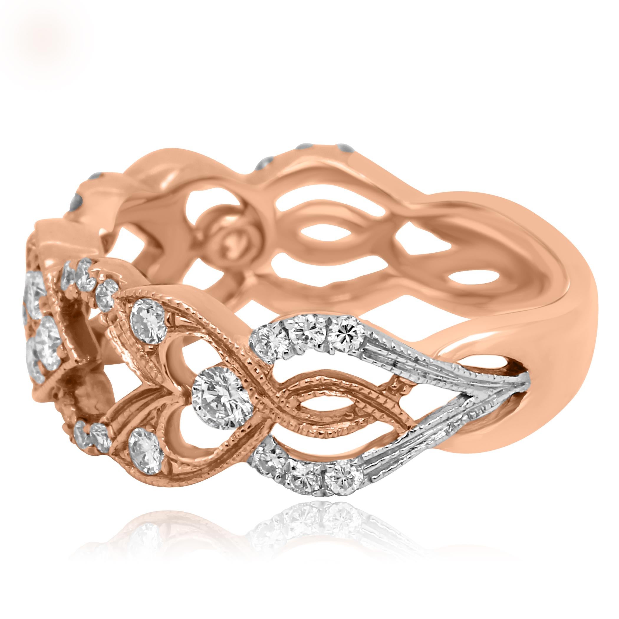 Round White Diamond 14K Rose Gold Band Cocktail Fashion Stackable Ring In New Condition In NEW YORK, NY