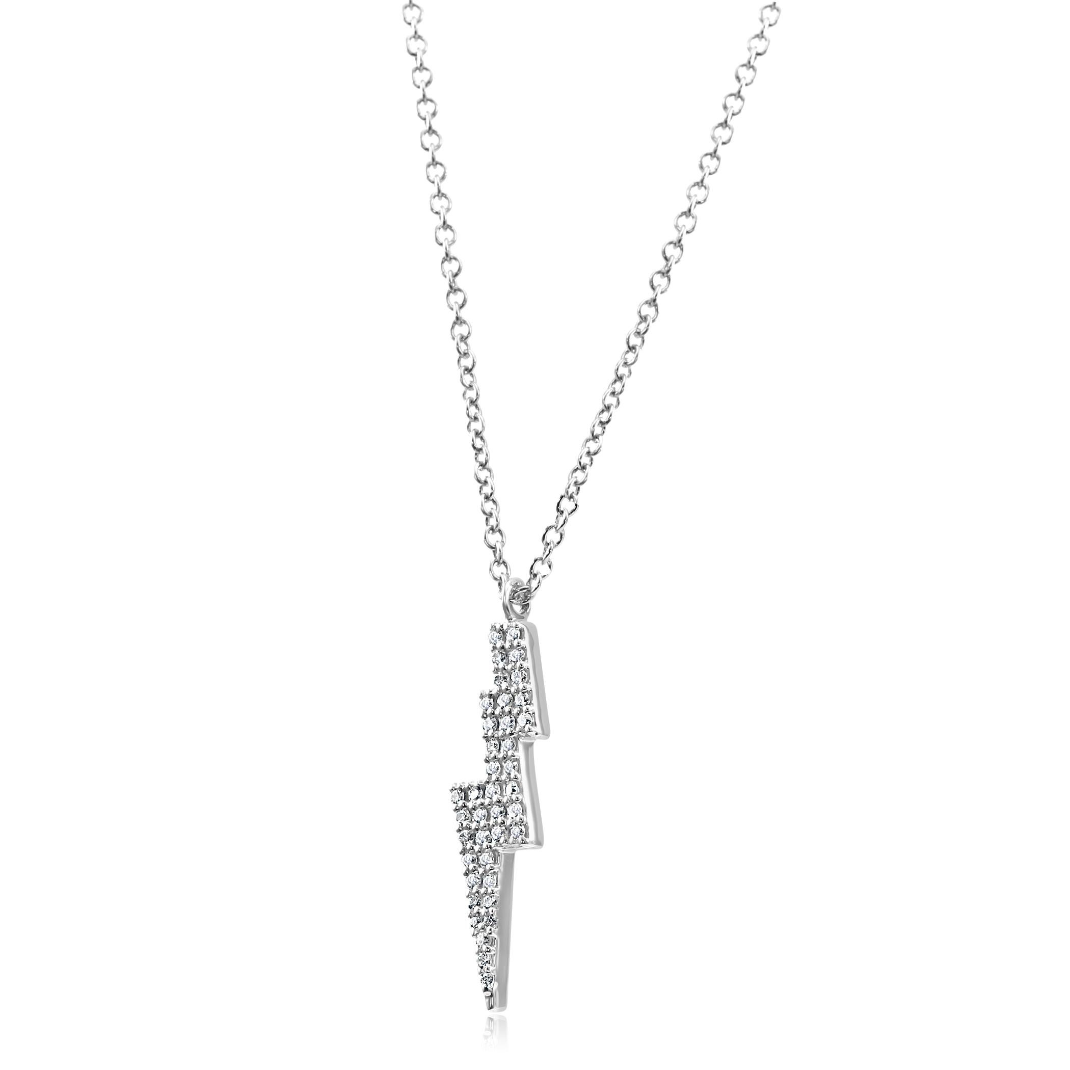39 White Colorless SI Clarity Diamond Rounds 0.15 Carat Set in Stylish everyday wear 14K White Gold Dangle Drop Pendant Chain Necklace. Can be worn as 18 inches or 16 inches. 

Total Diamond Weight 0.15 Carat

Style available in all gold colors and
