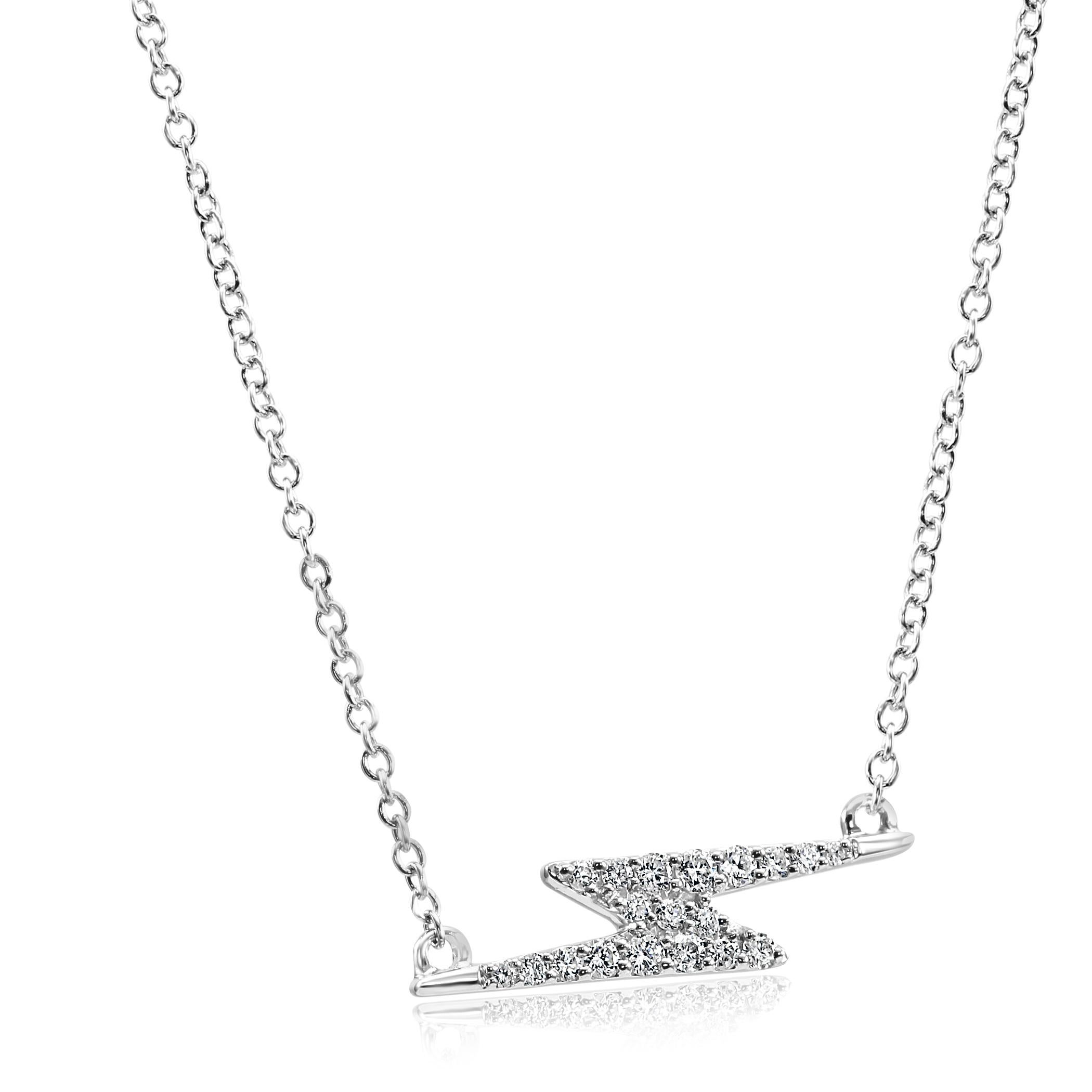 19 White Colorless SI Clarity Diamond Rounds 0.18 Carat Set in Stylish everyday wear 14K White Gold Dangle Drop Pendant Chain Necklace. Can be worn as 18 inches or 16 inches. 

Total Diamond Weight 0.18 Carat

Style available in all gold colors and