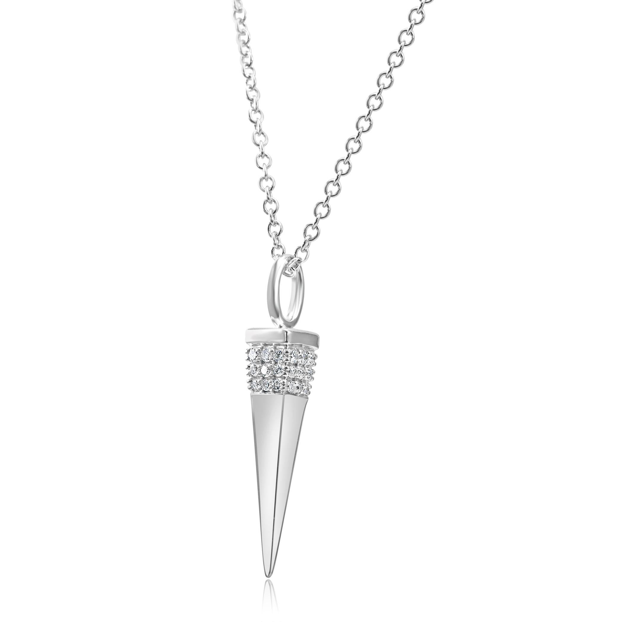 36 White Colorless SI Clarity Diamond Rounds 0.16 Carat Set in Stylish everyday wear 14K White Gold Dangle Drop Pendant Chain Necklace. Can be worn as 18 inches or 16 inches. 

Total Diamond Weight 0.16 Carat

Style available in all gold colors and