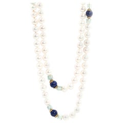 Round White Freshwater Pearls Lapis Lazuli Fluorite Necklace 9 Carat Gold Clasp