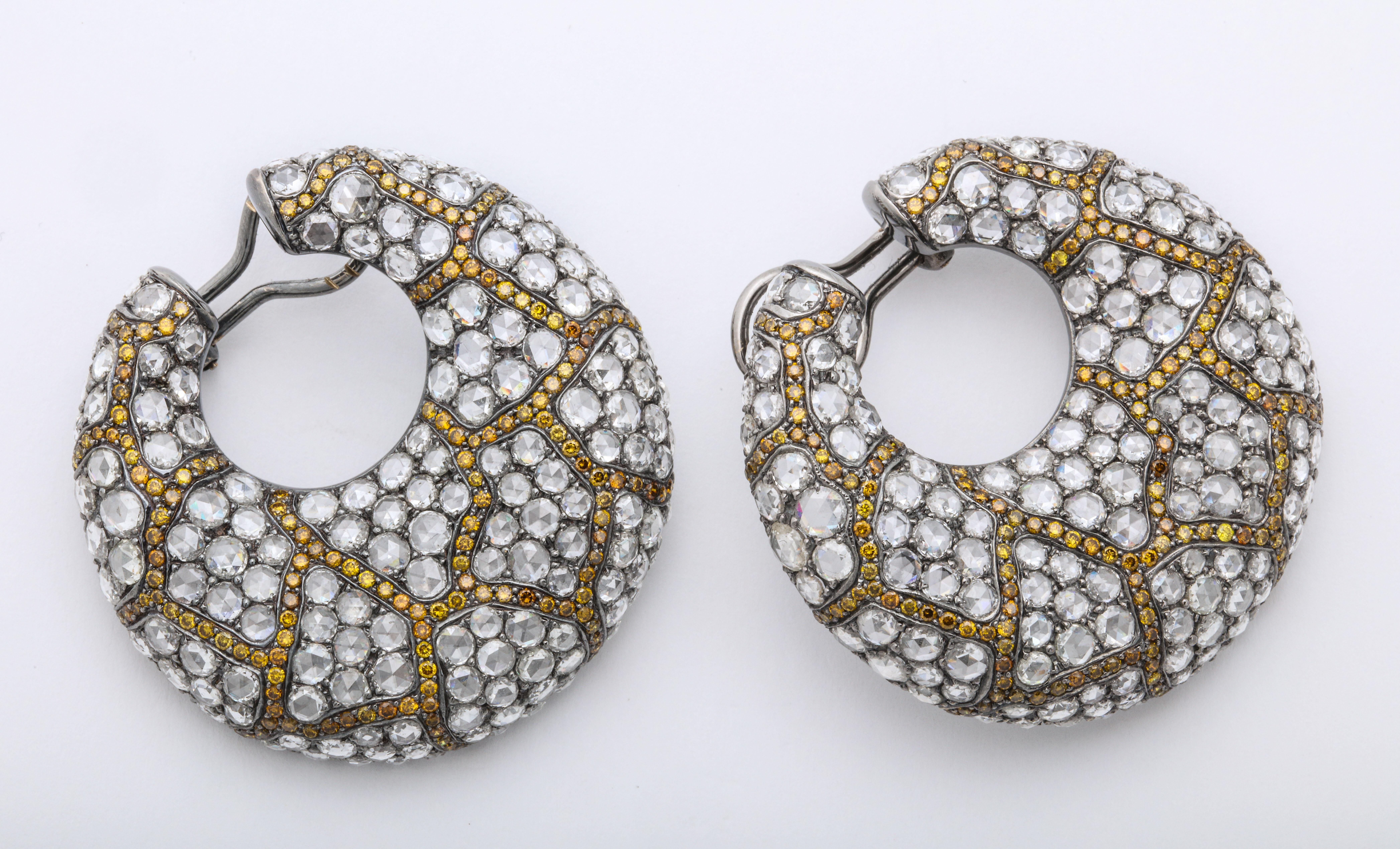 Contemporary Round, White Gold, Rose Cut Diamond and Yellow Diamond Creoles Earrings For Sale