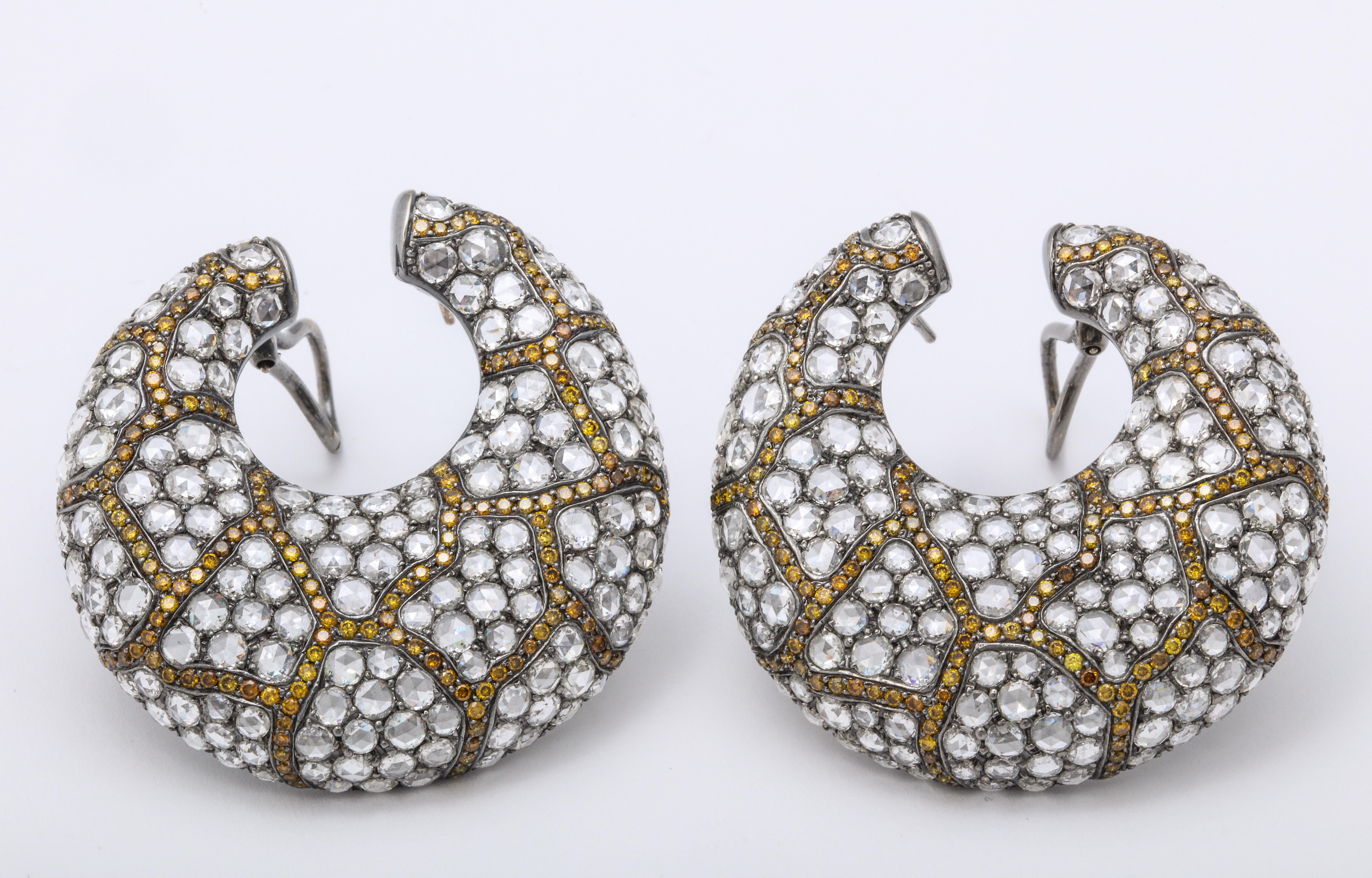 Round, White Gold, Rose Cut Diamond and Yellow Diamond Creoles Earrings In New Condition For Sale In New York, NY