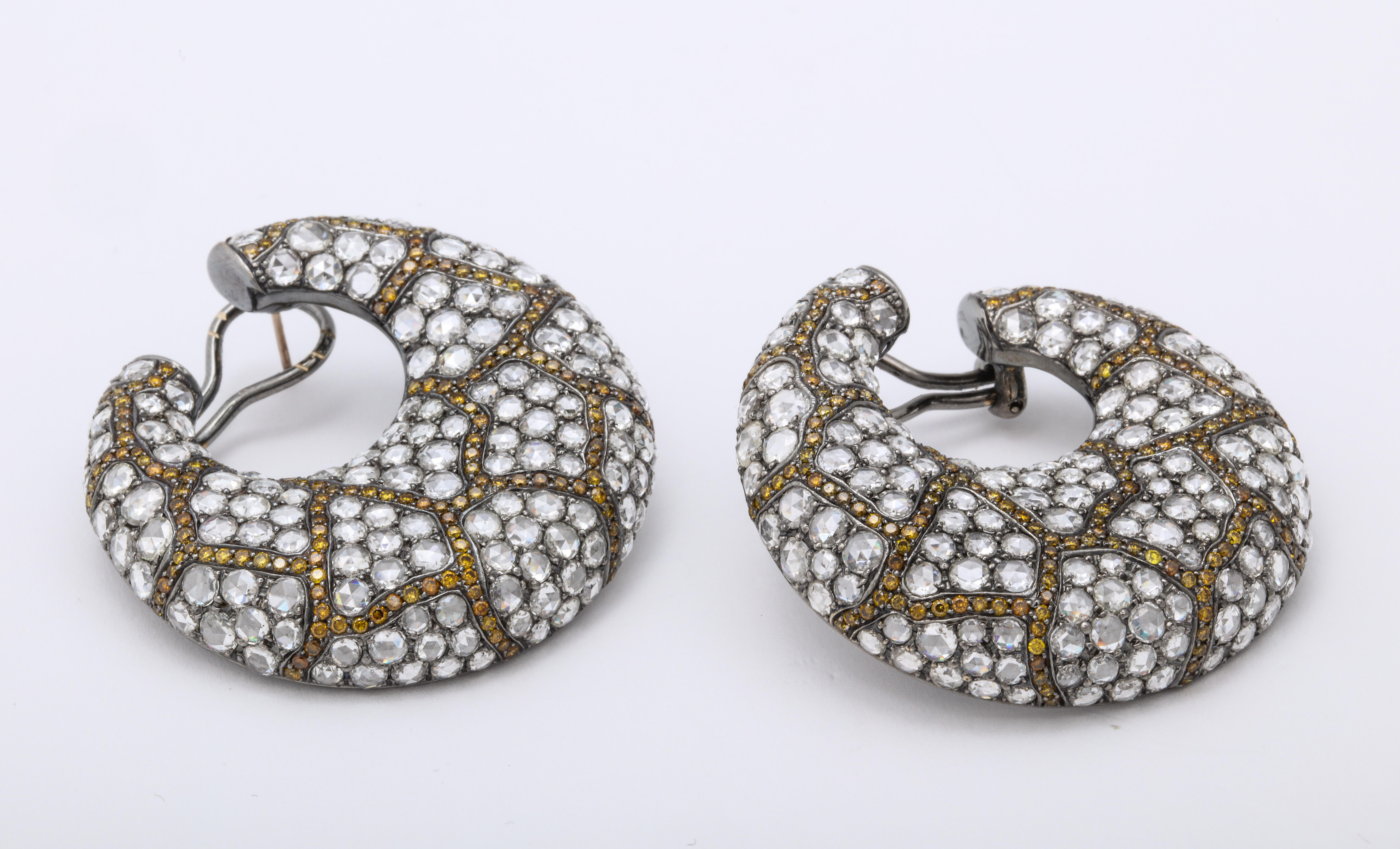 Women's Round, White Gold, Rose Cut Diamond and Yellow Diamond Creoles Earrings For Sale