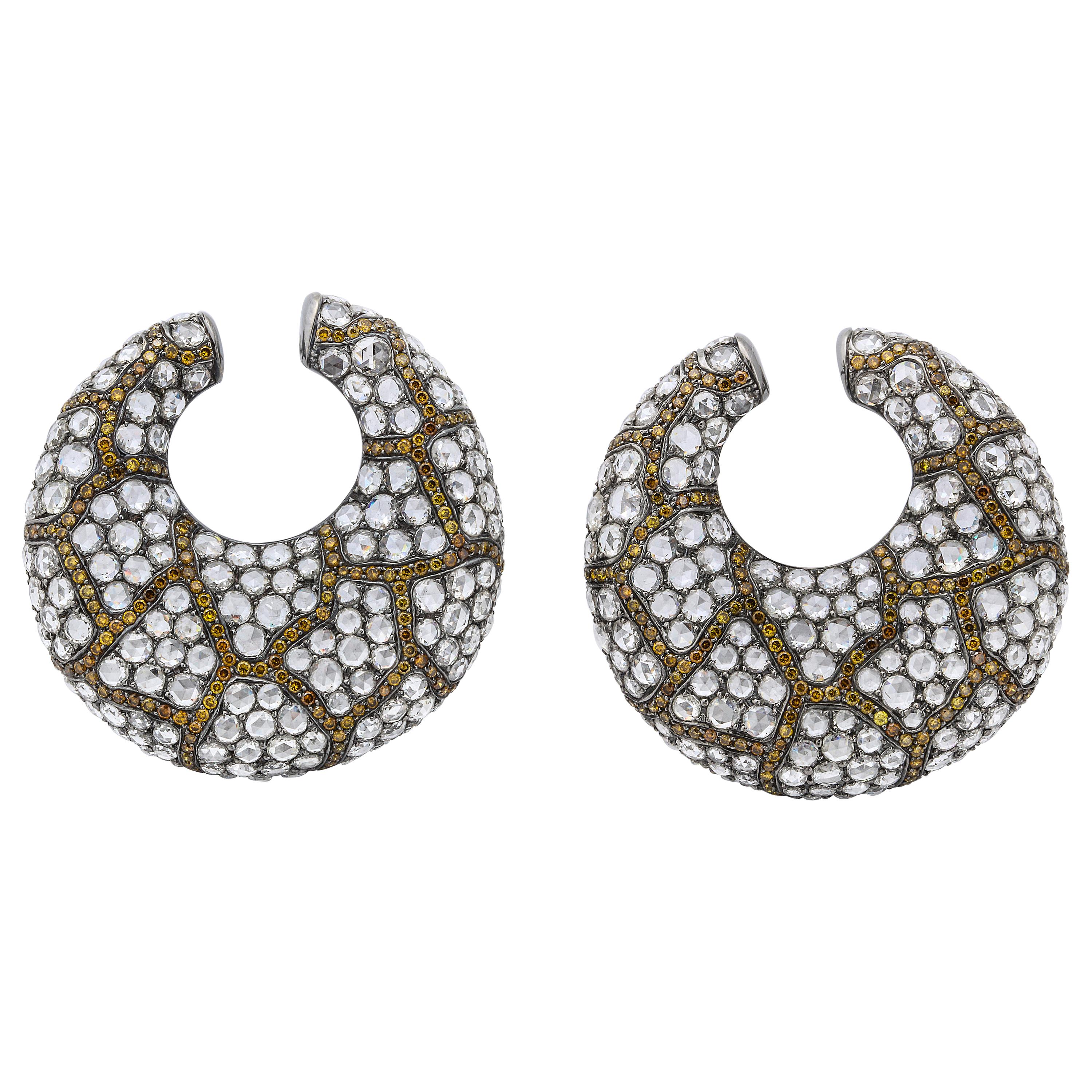 Round, White Gold, Rose Cut Diamond and Yellow Diamond Creoles Earrings For Sale