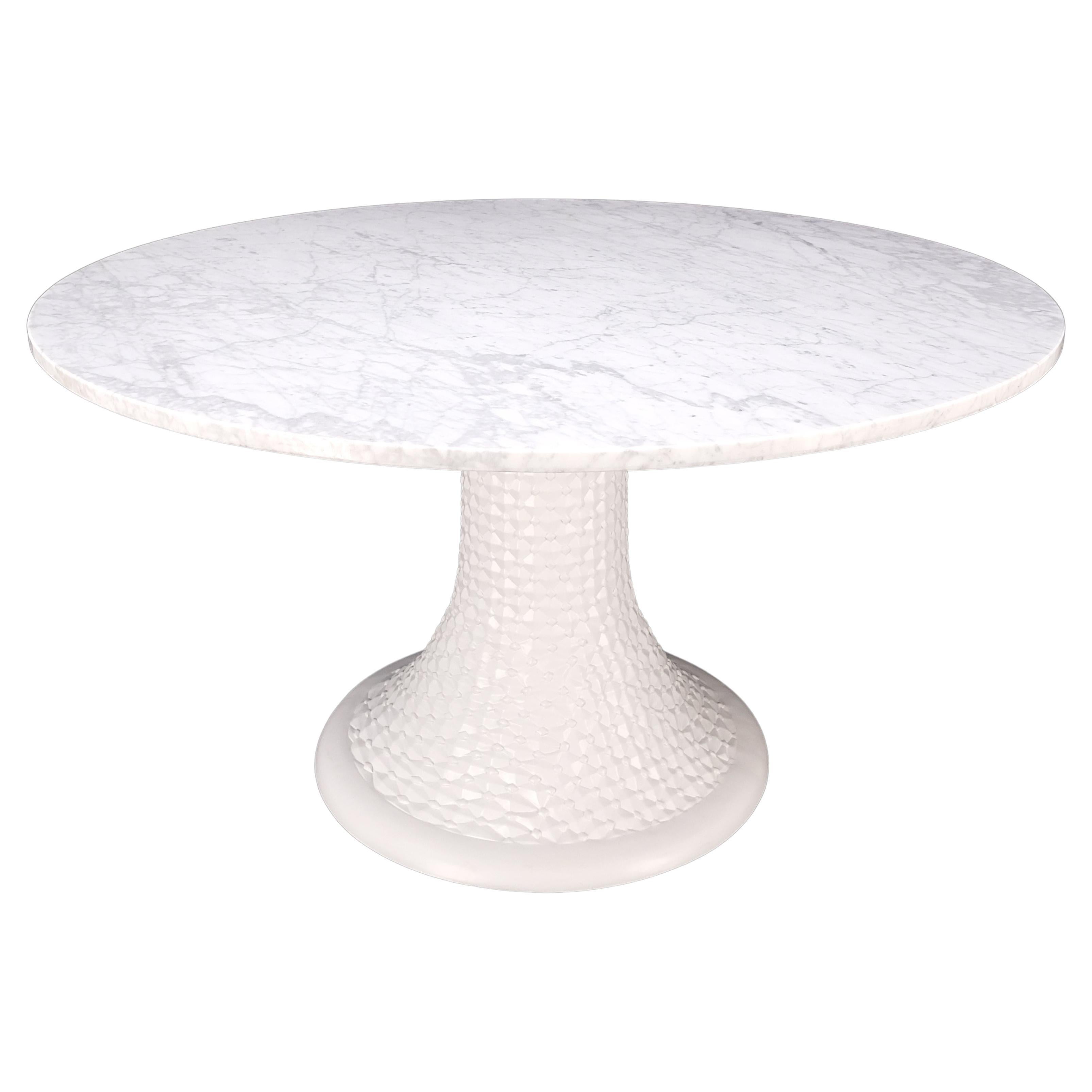 Round White Marble 1" Thick Top Diamond Pattern Texture Composition Tulip Shape For Sale