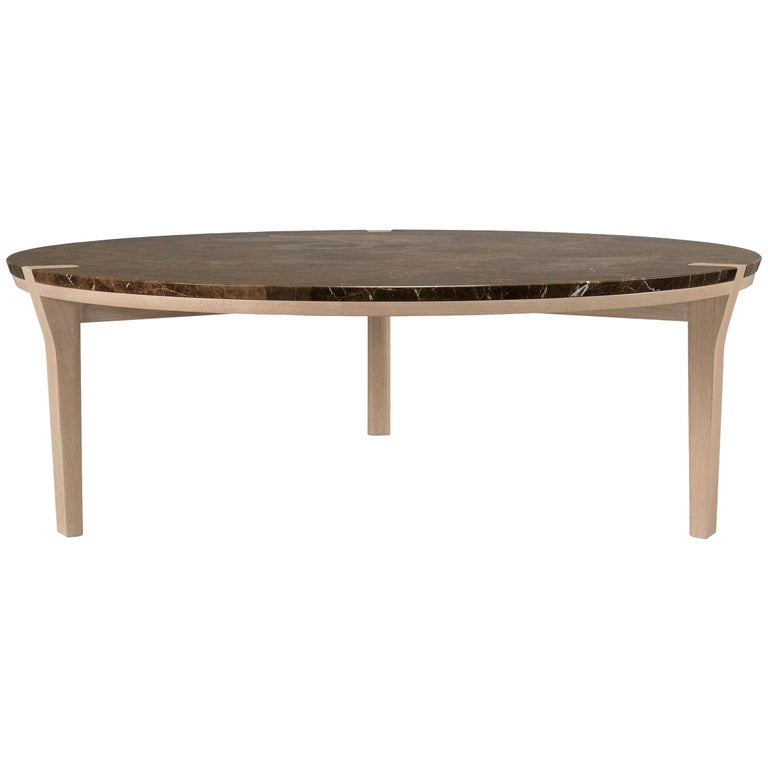 Round White Marble Walnut Center Coffee Table For Sale at 1stDibs