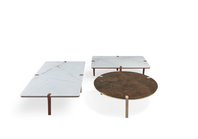 Round White Marble Walnut Center Coffee Table For Sale at 1stDibs