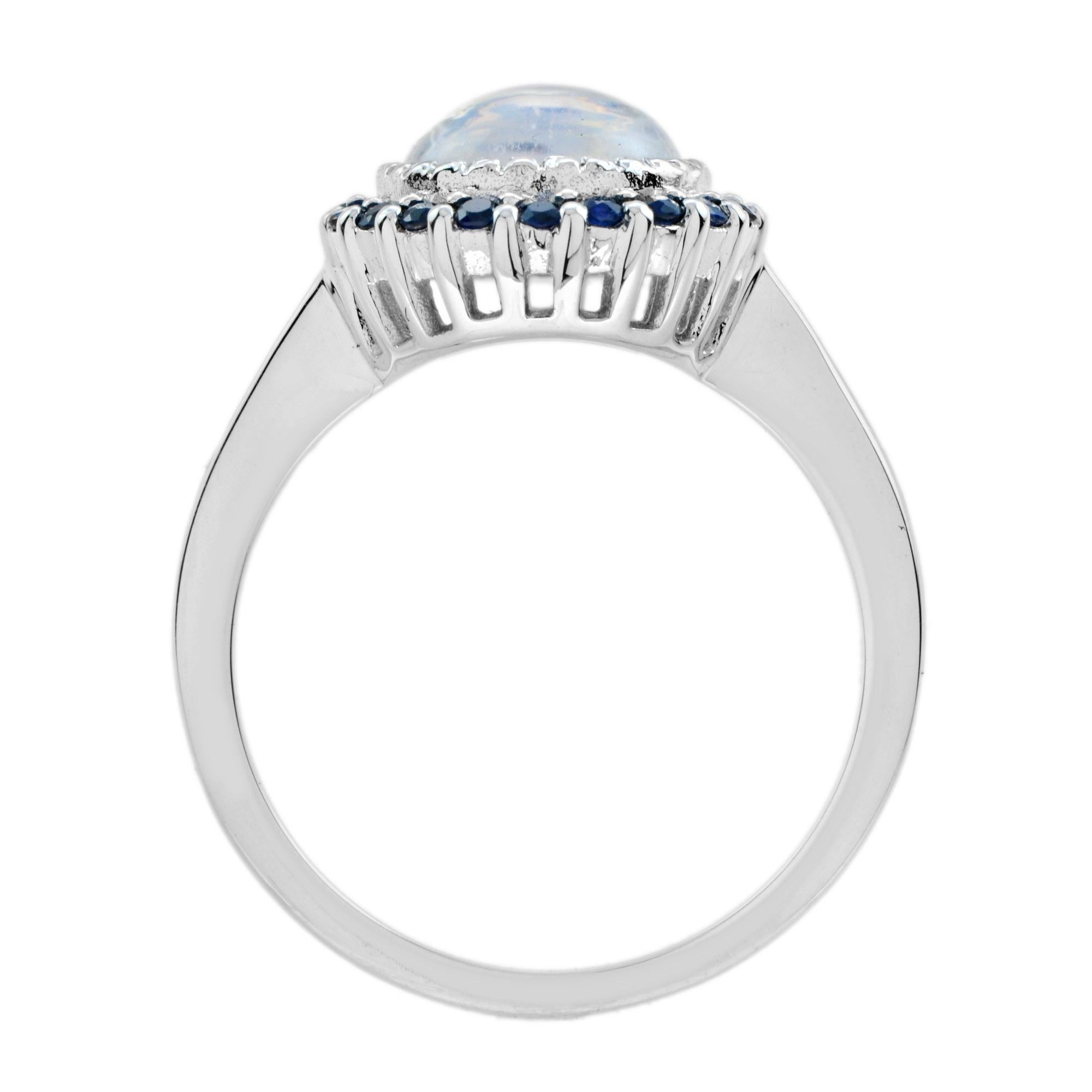 Anello con pietra di luna bianca rotonda e zaffiro blu a raggiera in stile vintage in oro bianco 14 carati In condizioni Nuovo in vendita a Oakton, VA