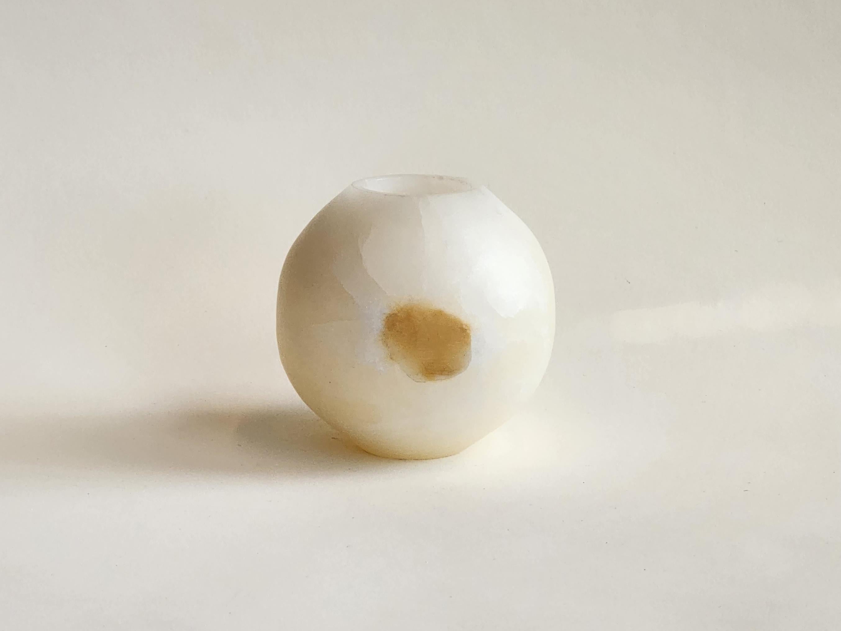 Contemporary Round White Onyx Candle Holder Manually Carved For Sale