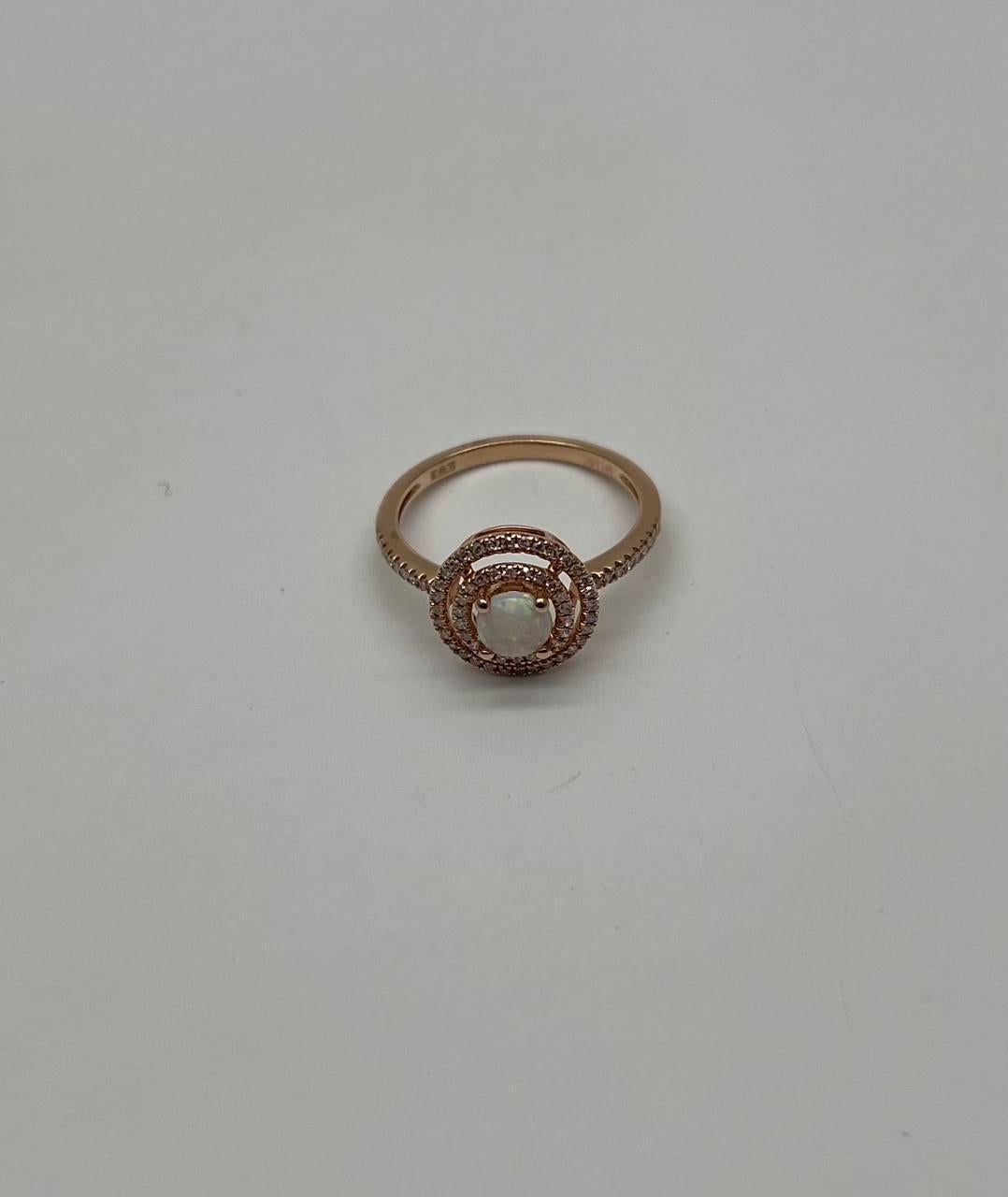 Round White Opal Double Diamond Halo 14K Rose Gold Statement Ring For Sale 6