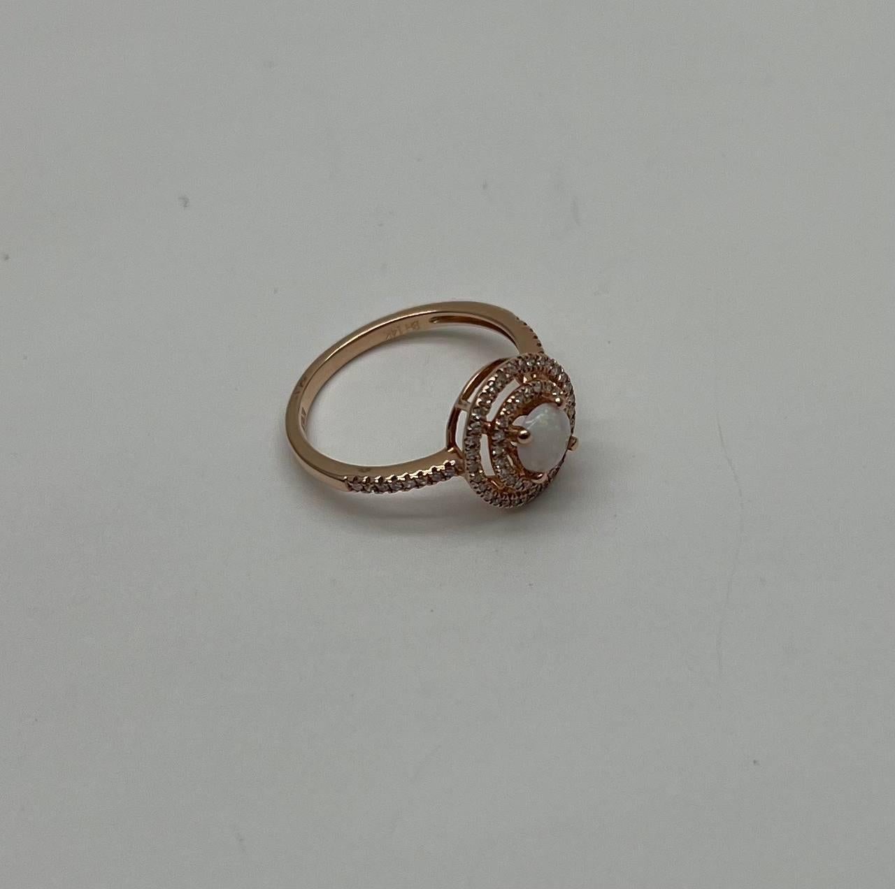 Round White Opal Double Diamond Halo 14K Rose Gold Statement Ring For Sale 1