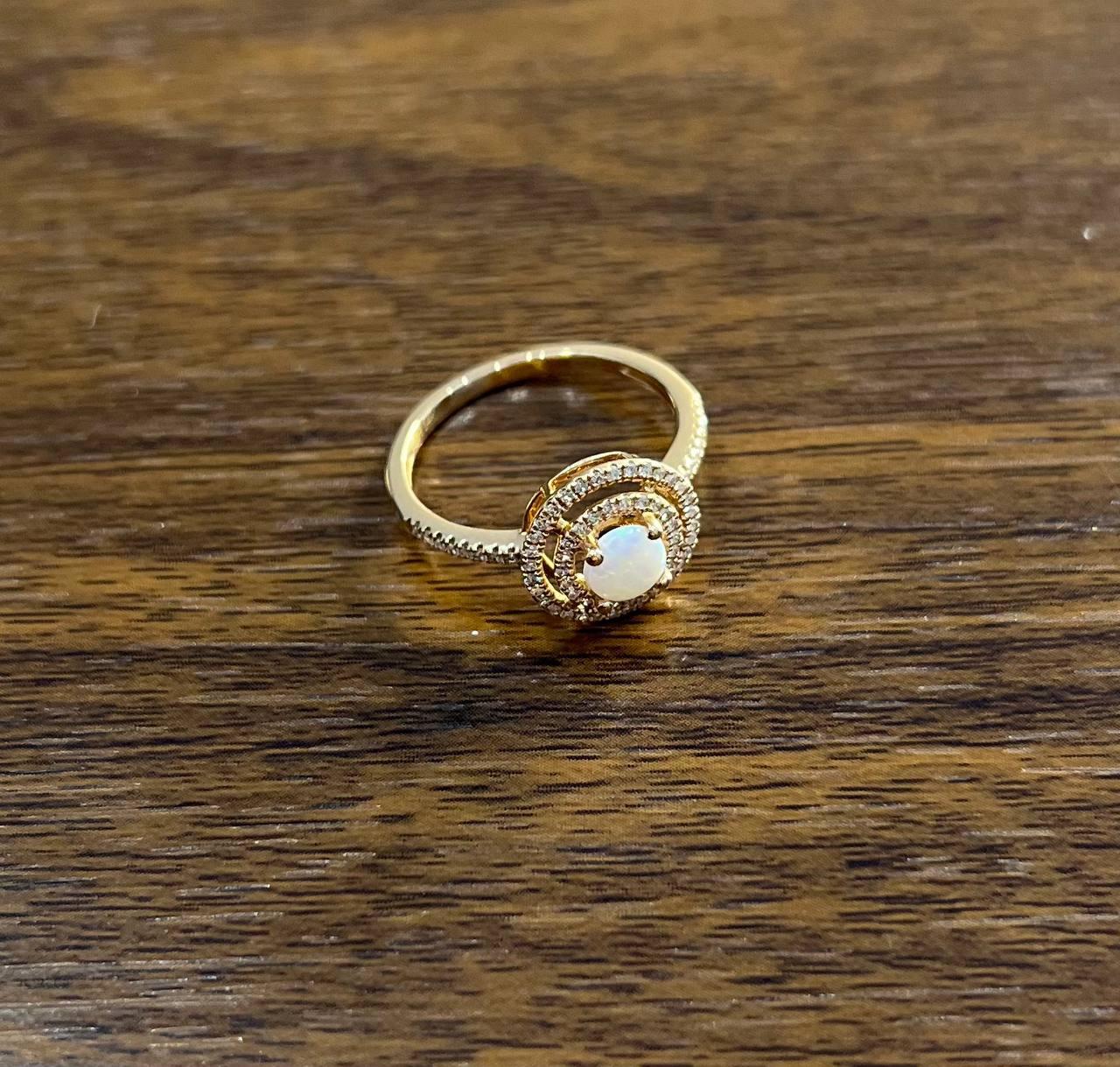 Round White Opal Double Diamond Halo 14K Rose Gold Statement Ring For Sale 2