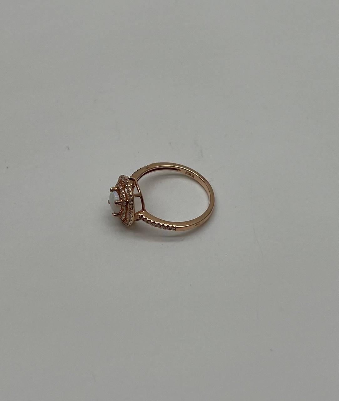 Round White Opal Double Diamond Halo 14K Rose Gold Statement Ring For Sale 4