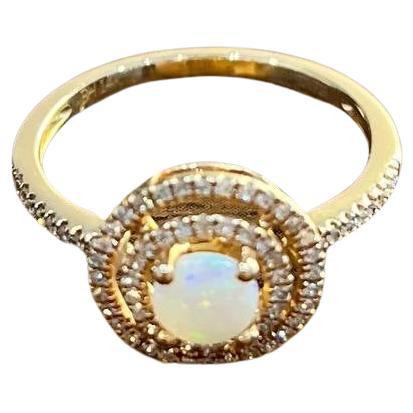 Round White Opal Double Diamond Halo 14K Rose Gold Statement Ring