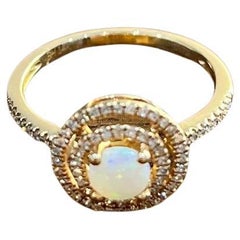Round White Opal Double Diamond Halo 14K Rose Gold Statement Ring