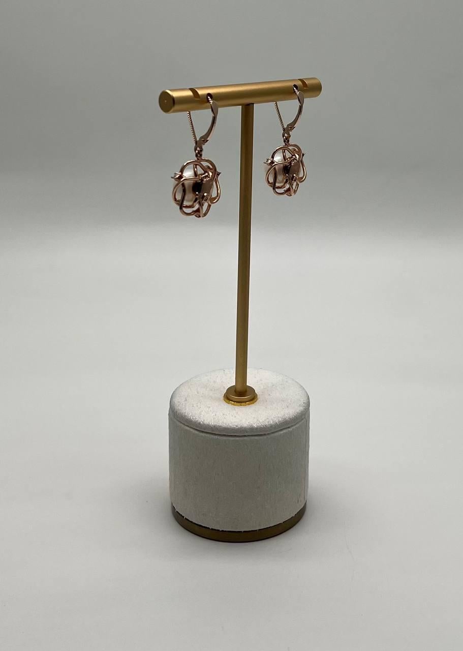 Round Cut Round White Pearl 14K Yellow Gold Dangle Drop Earrings For Sale