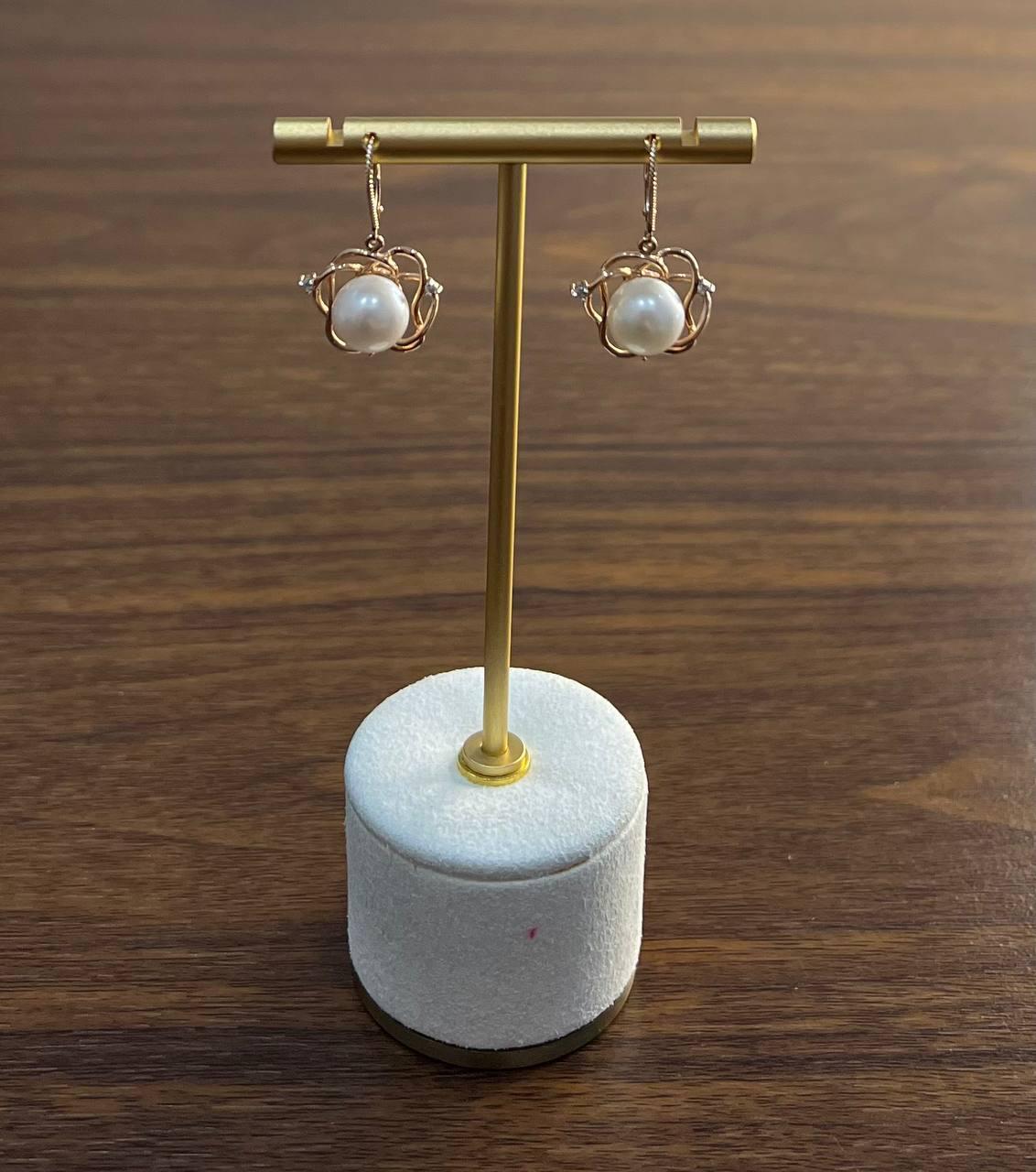 Round White Pearl 14K Yellow Gold Dangle Drop Earrings For Sale 1