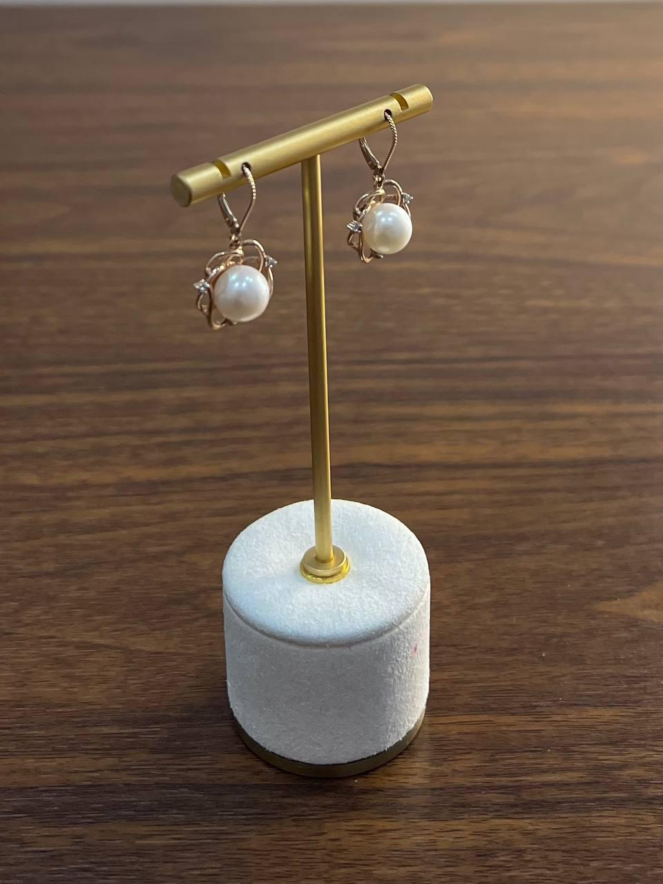 Round White Pearl 14K Yellow Gold Dangle Drop Earrings For Sale 2