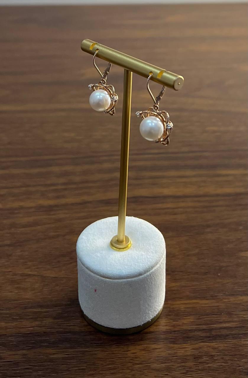 Round White Pearl 14K Yellow Gold Dangle Drop Earrings For Sale 3
