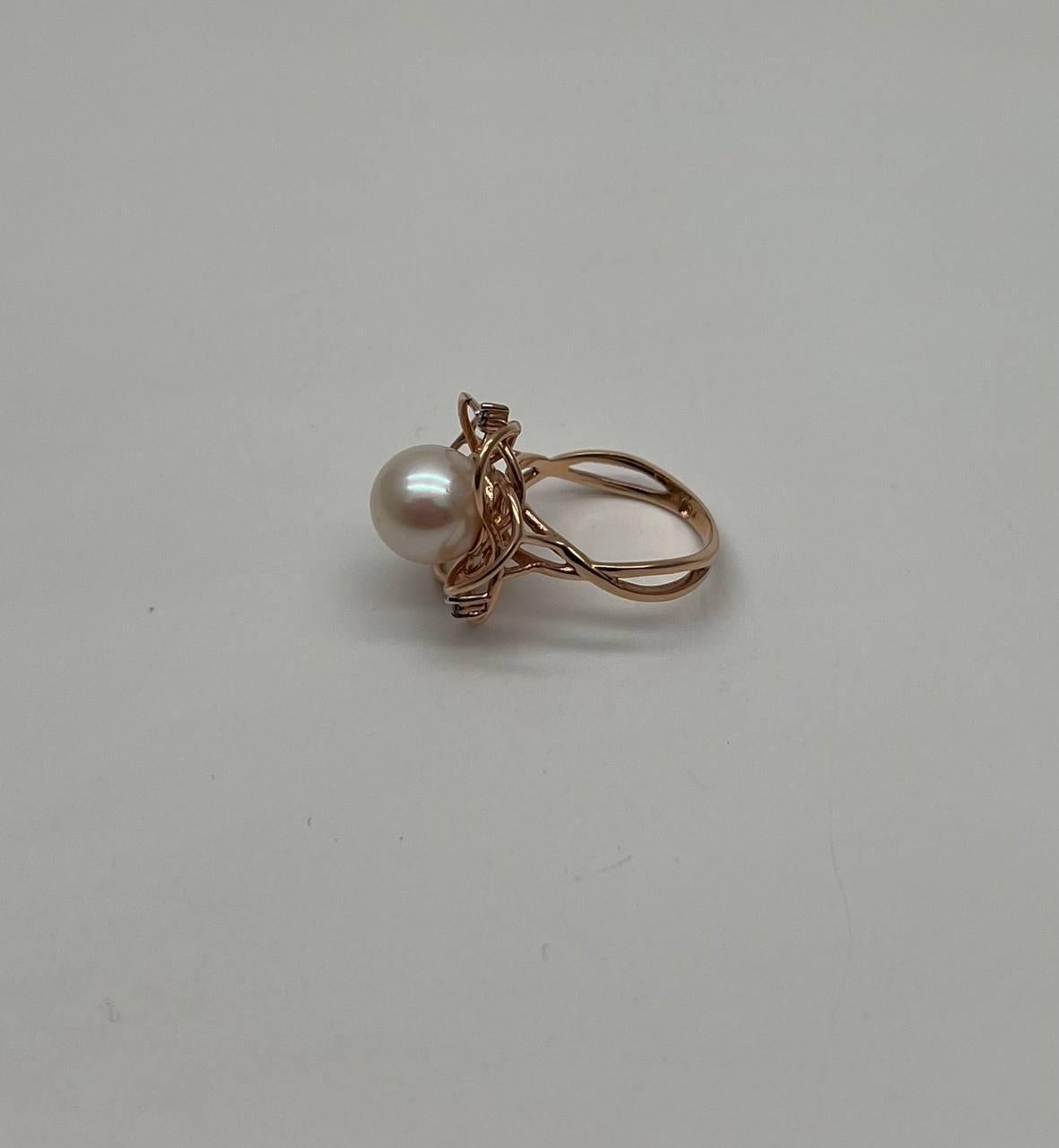 Modern Round White Pearl Saturn Floral Flower Motif 14K Yellow Gold Statement Ring For Sale