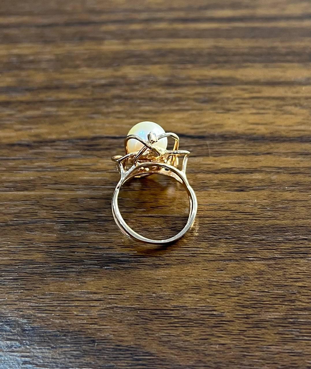 Round White Pearl Saturn Floral Flower Motif 14K Yellow Gold Statement Ring For Sale 1