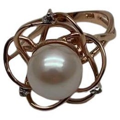 Round White Pearl Saturn Floral Flower Motif 14K Yellow Gold Statement Ring