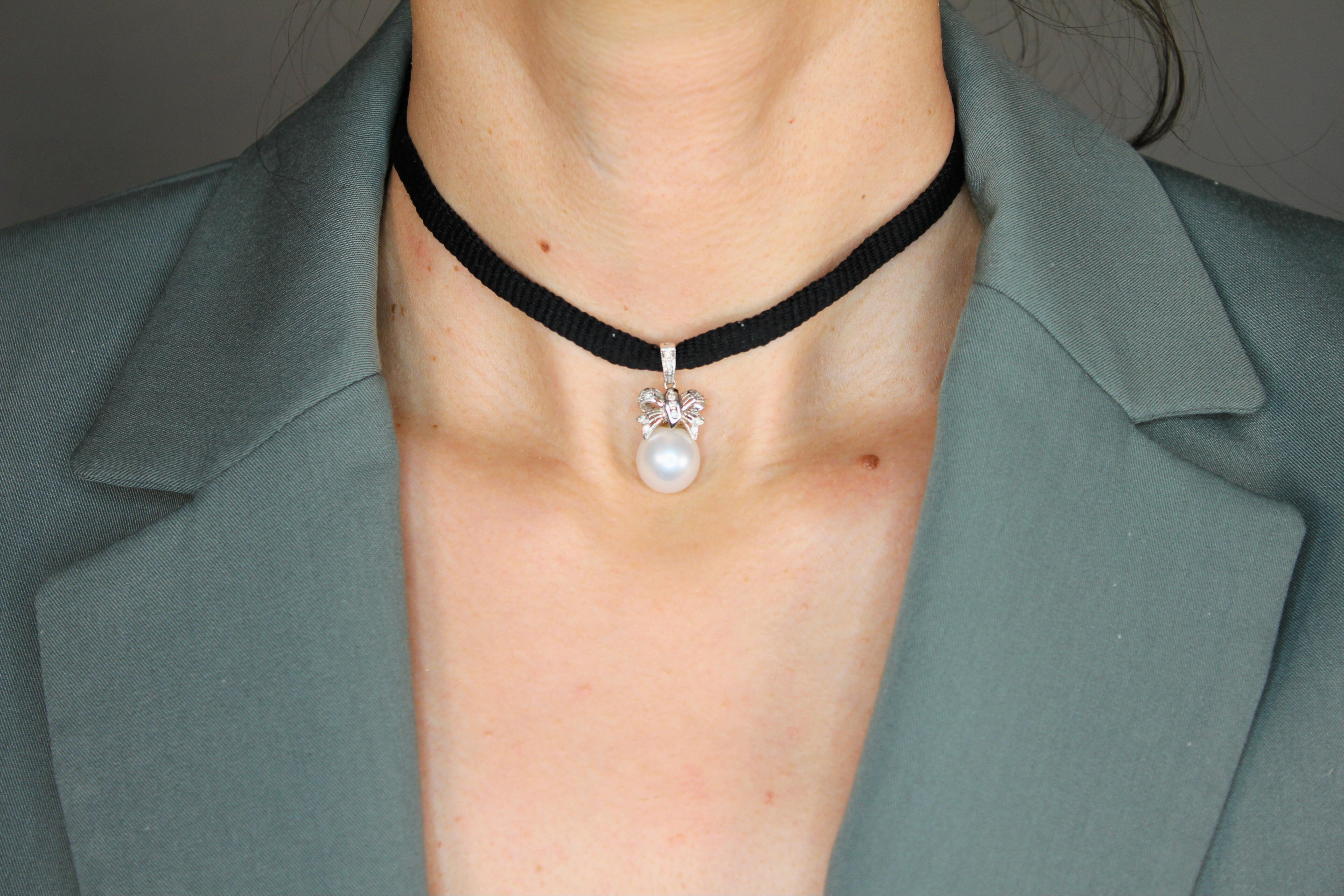 Women's or Men's Round White South Sea Pearl Diamond Bowtie 14K White Gold Pendant Charm Necklace
