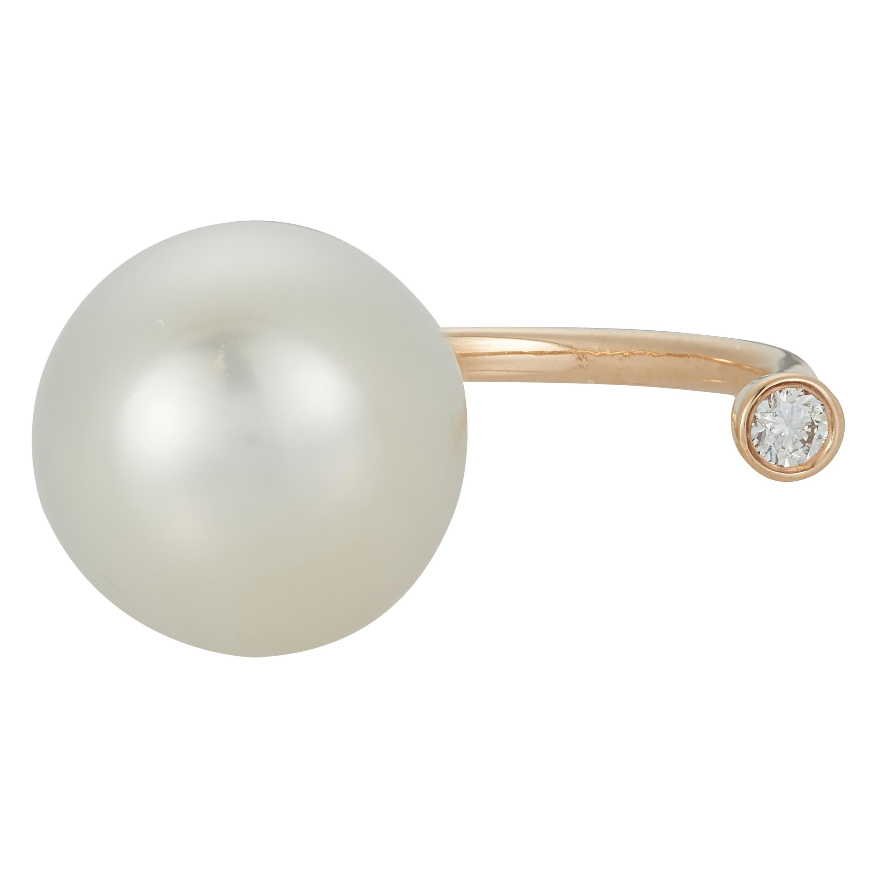 Round White South Sea Pearl Diamond Flower Fashion Ring 14 Karat Gold For Sale