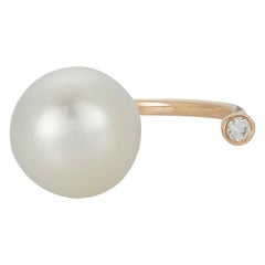 Round White South Sea Pearl Diamond Flower Fashion Ring 14 Karat Gold