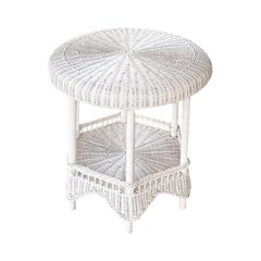 Used Round White Woven Wicker and Rattan Side Patio Table with Bottom Shelf