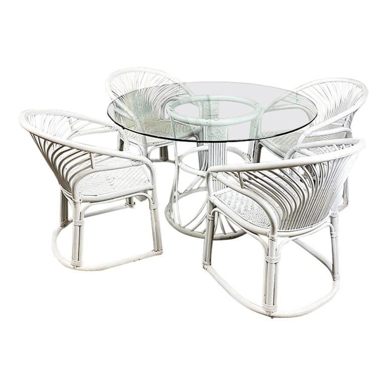 Round Wicker and Rattan Woven Outdoor Patio Dining Set with Glass Top, Seats 4 For Sale